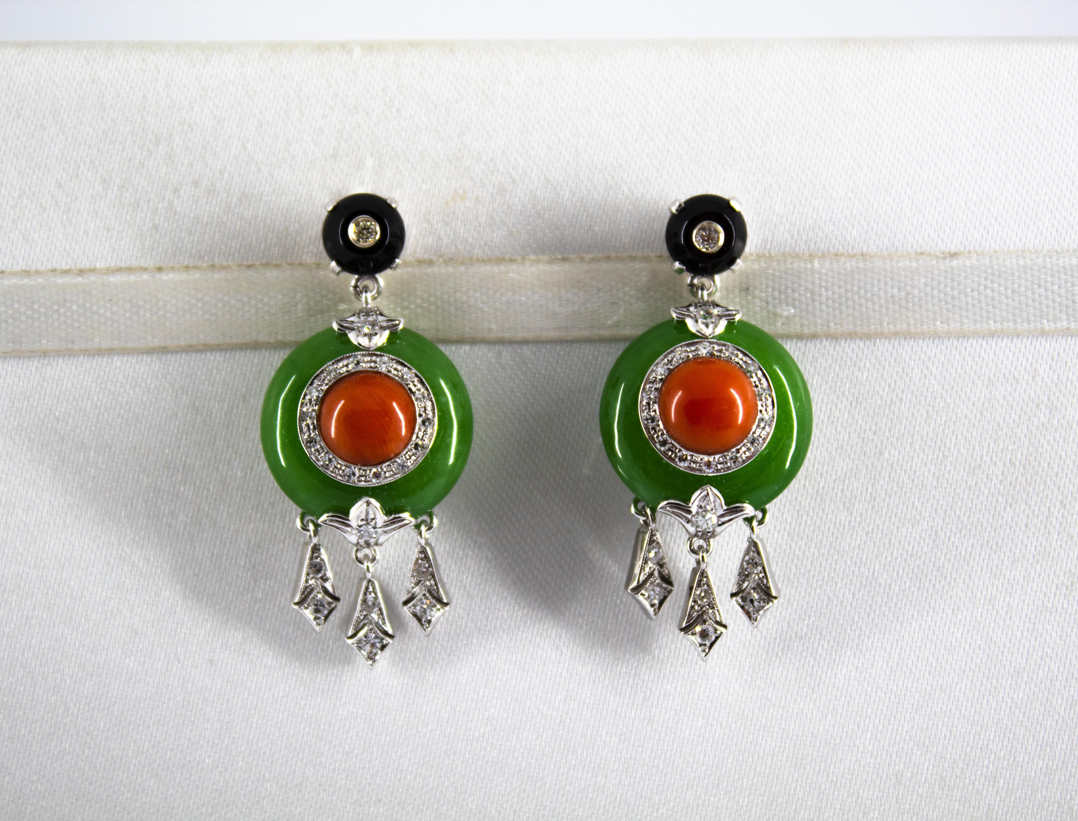 Mediterranean Red Coral Onyx Jade 0.38 Carat White Diamond White Gold Earrings In New Condition In Naples, IT