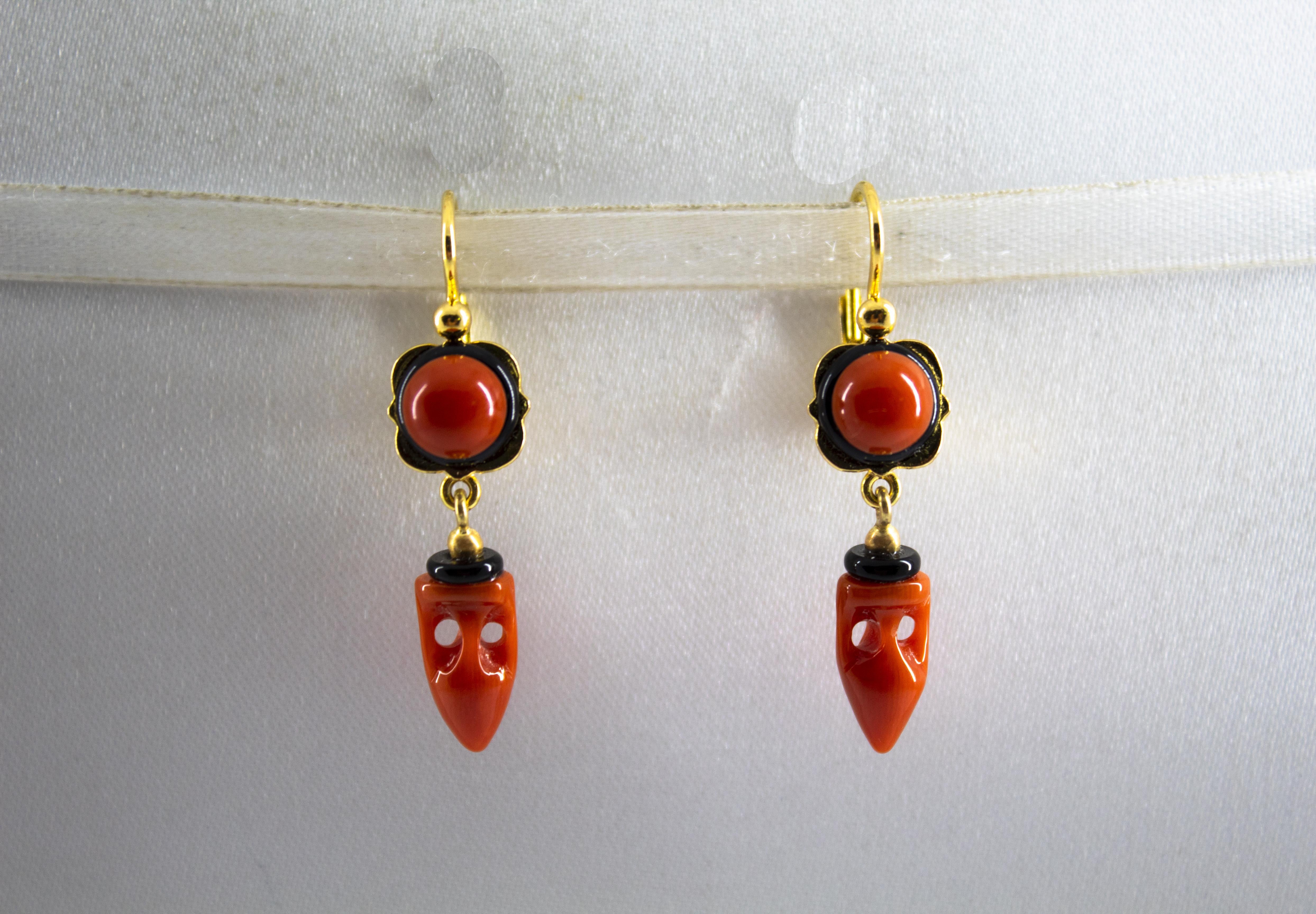 Classical Greek Mediterranean Red Coral Onyx Yellow Gold Lever-Back 