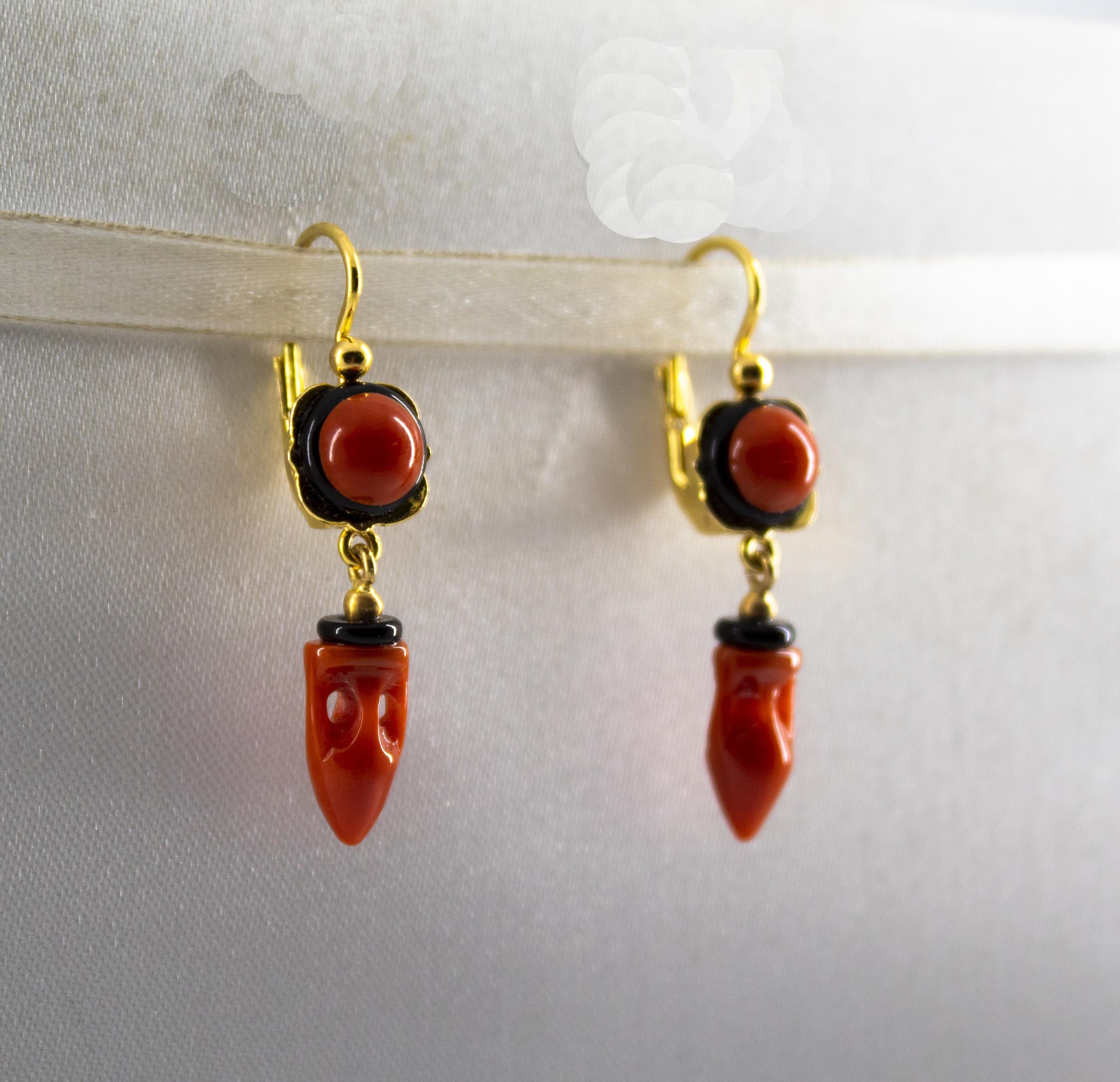Mediterranean Red Coral Onyx Yellow Gold Lever-Back 