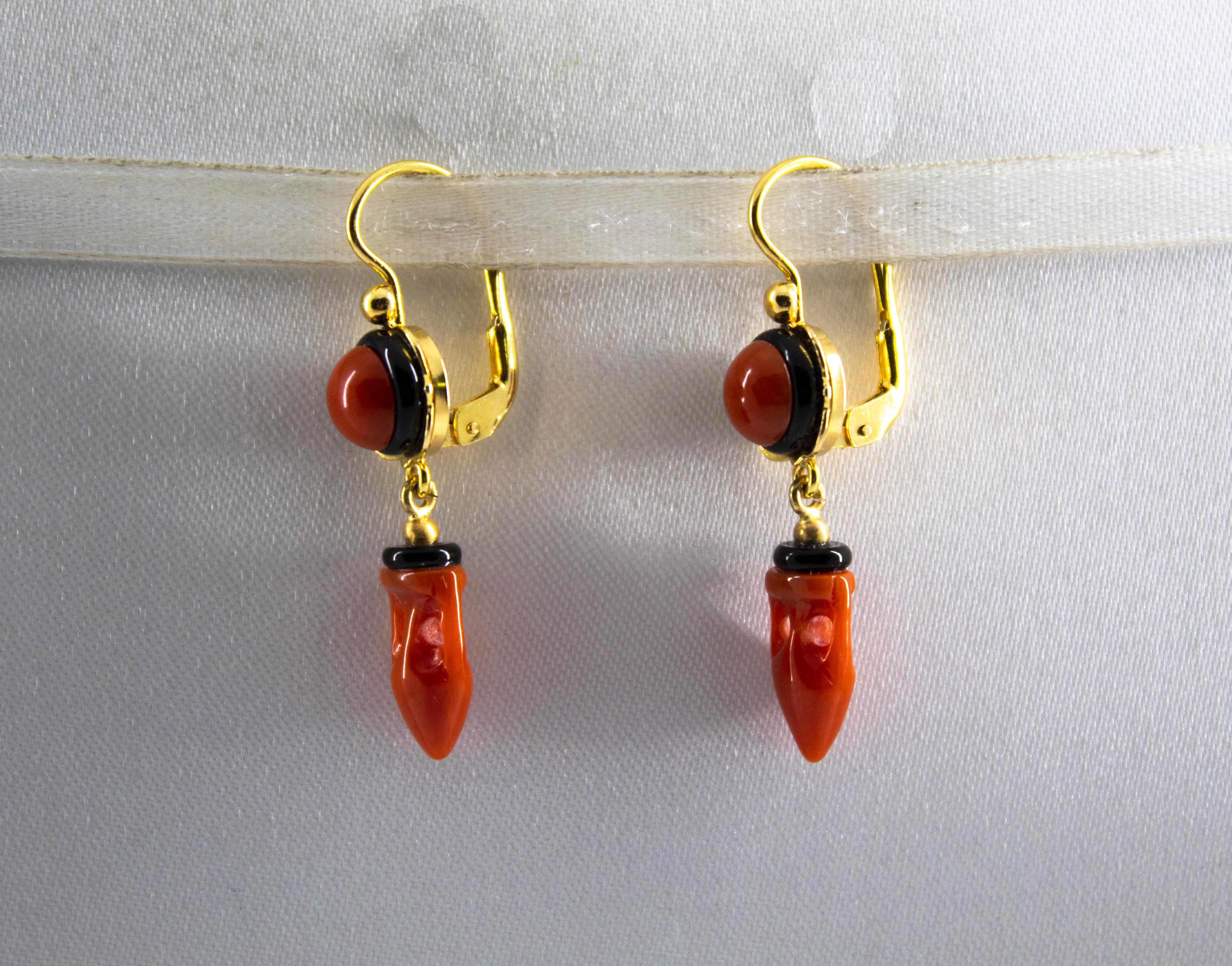 Mediterranean Red Coral Onyx Yellow Gold Lever-Back 