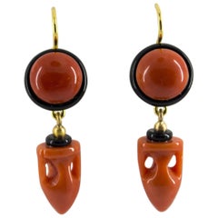 Mediterranean Red Coral Onyx Yellow Gold Lever-Back "Amphora" Earrings