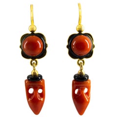 Mediterranean Red Coral Onyx Yellow Gold Lever-Back "Amphora" Earrings