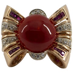 Mediterranean Red Coral Ruby 0.40 Carat Diamond Yellow Gold Cocktail Ring