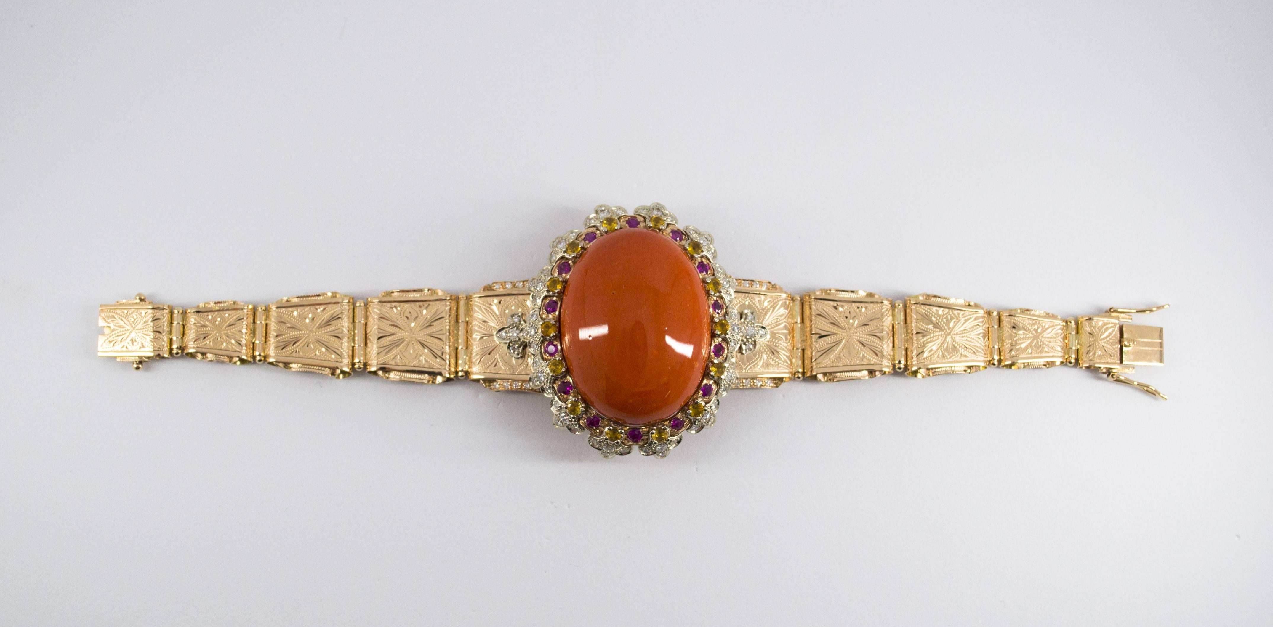 Renaissance Mediterranean Red Coral Ruby Yellow Sapphire Diamond Yellow Gold Bracelet