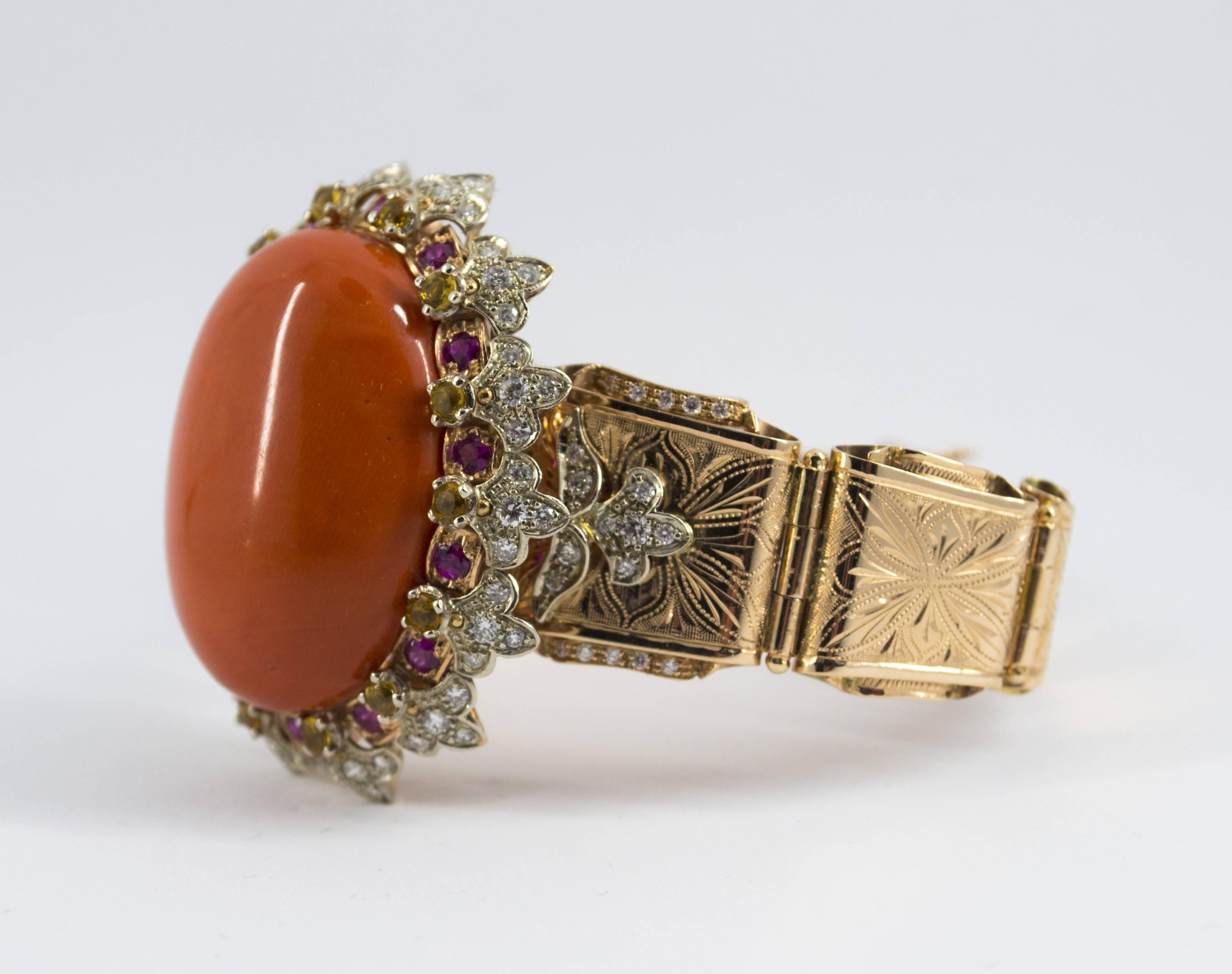 Mediterranean Red Coral Ruby Yellow Sapphire Diamond Yellow Gold Bracelet In New Condition In Naples, IT