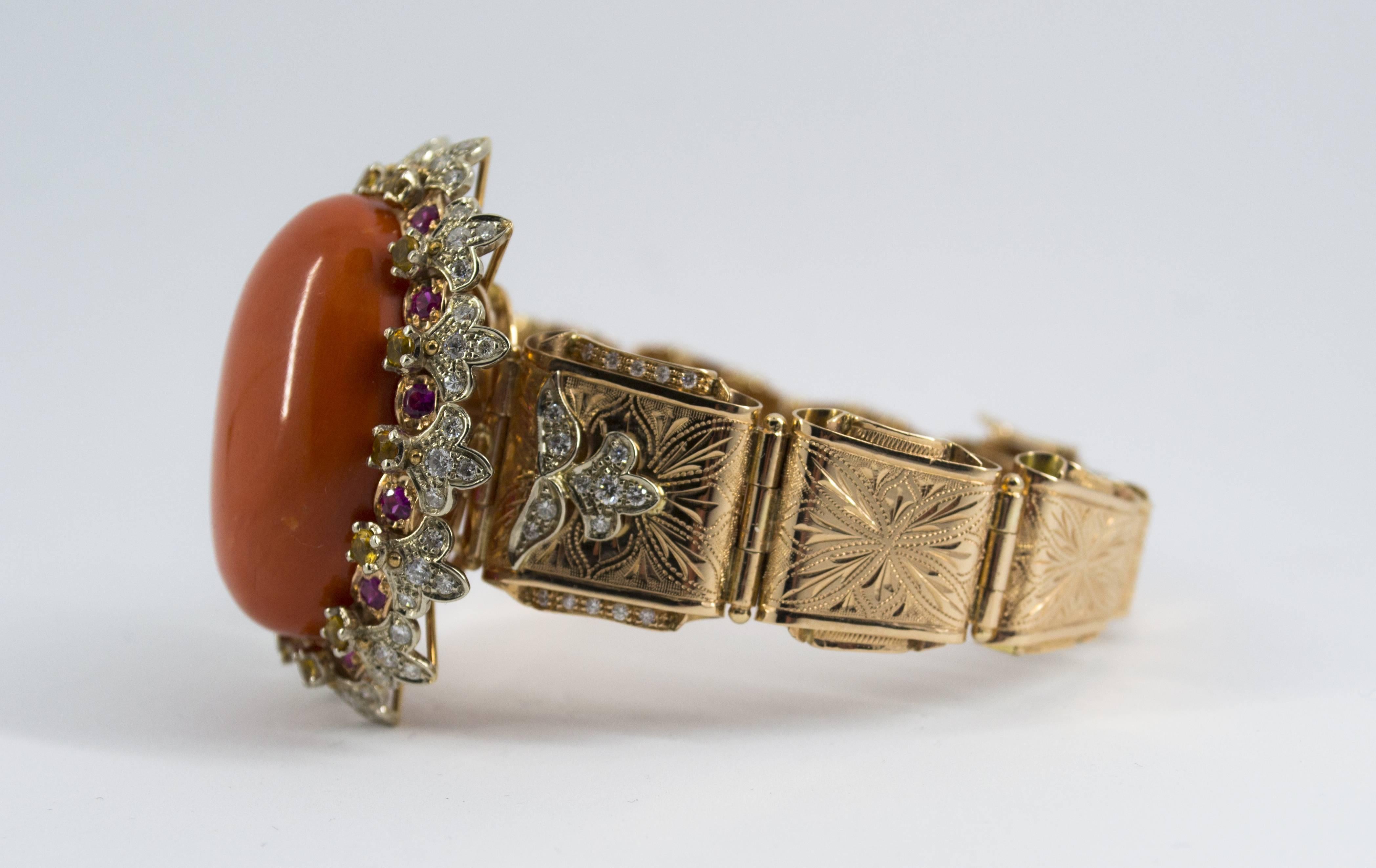 Women's or Men's Mediterranean Red Coral Ruby Yellow Sapphire Diamond Yellow Gold Bracelet