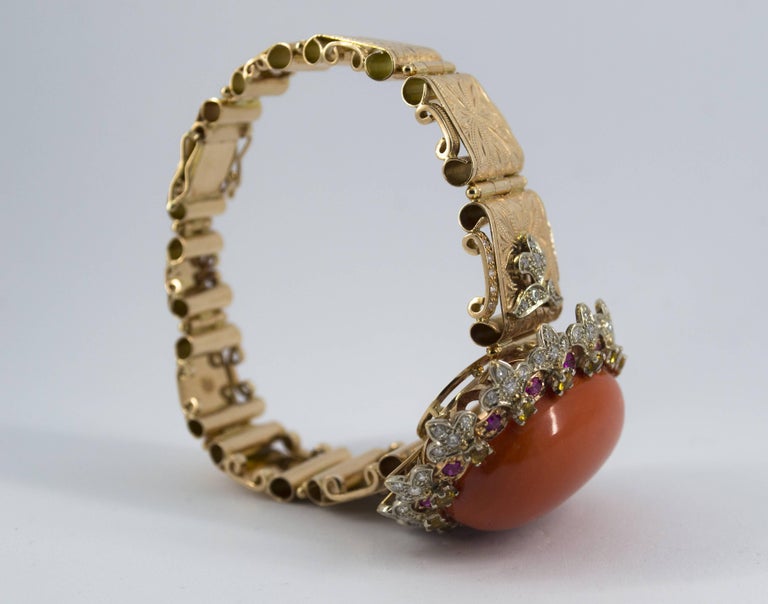 Mediterranean Red Coral Ruby Yellow Sapphire Diamond Yellow Gold Bracelet at 1stDibs