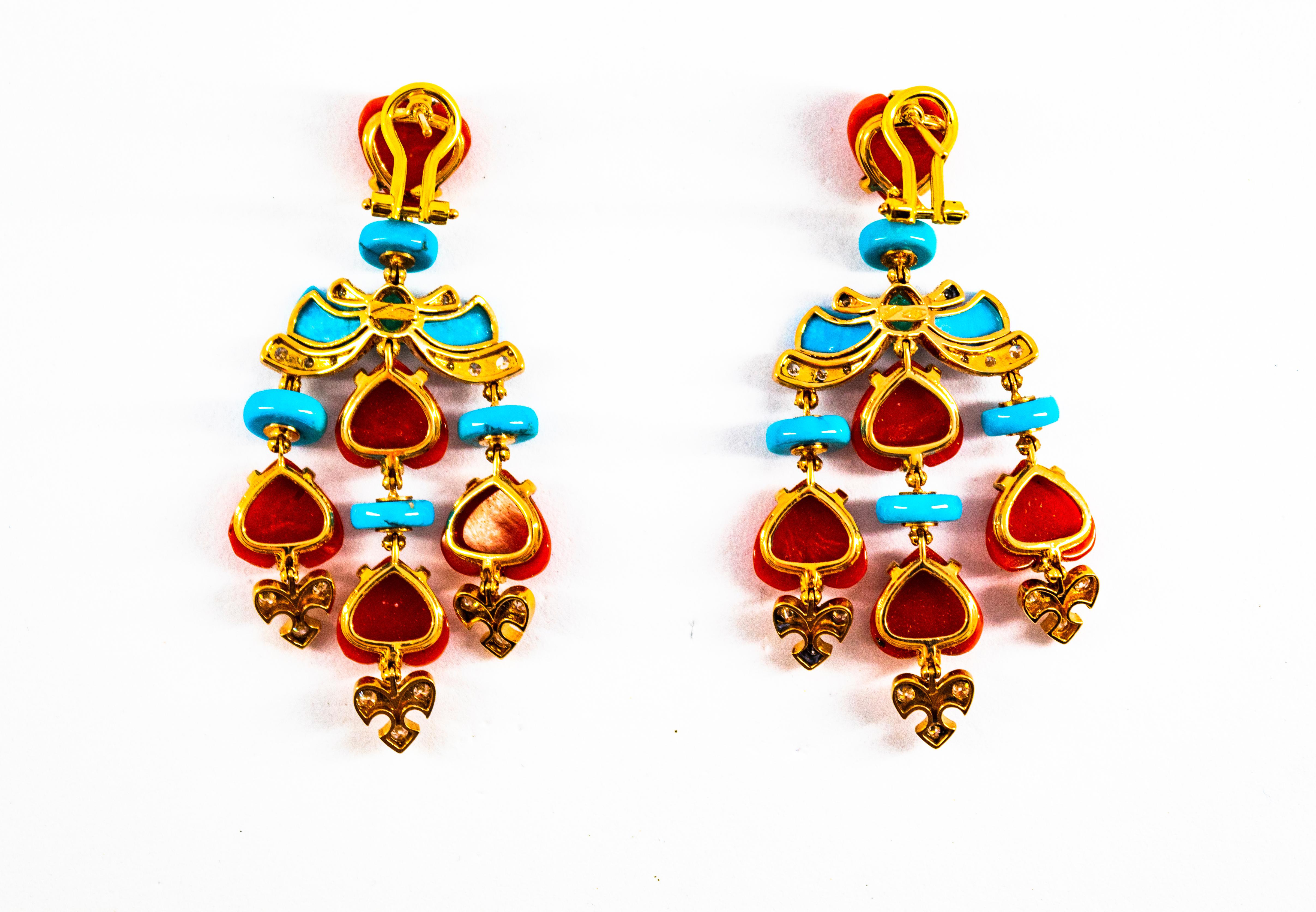 Mediterranean Red Coral Turquoise Emerald Diamond Yellow Gold Clip-On Earrings For Sale 1