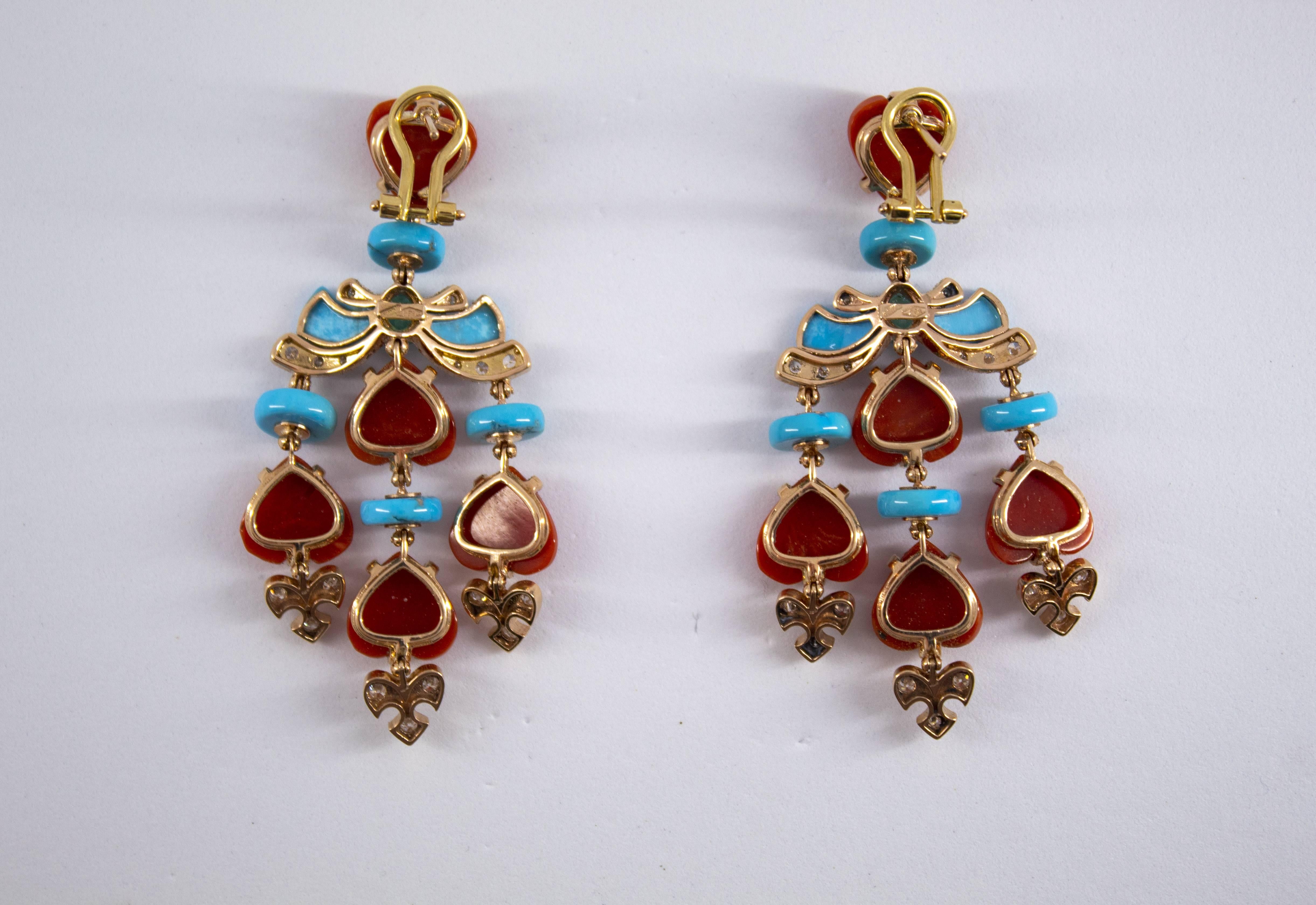 Mediterranean Red Coral Turquoise Emerald Diamond Yellow Gold Clip-On Earrings 5