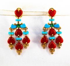 Mediterranean Red Coral Turquoise Emerald Diamond Yellow Gold Clip-On Earrings