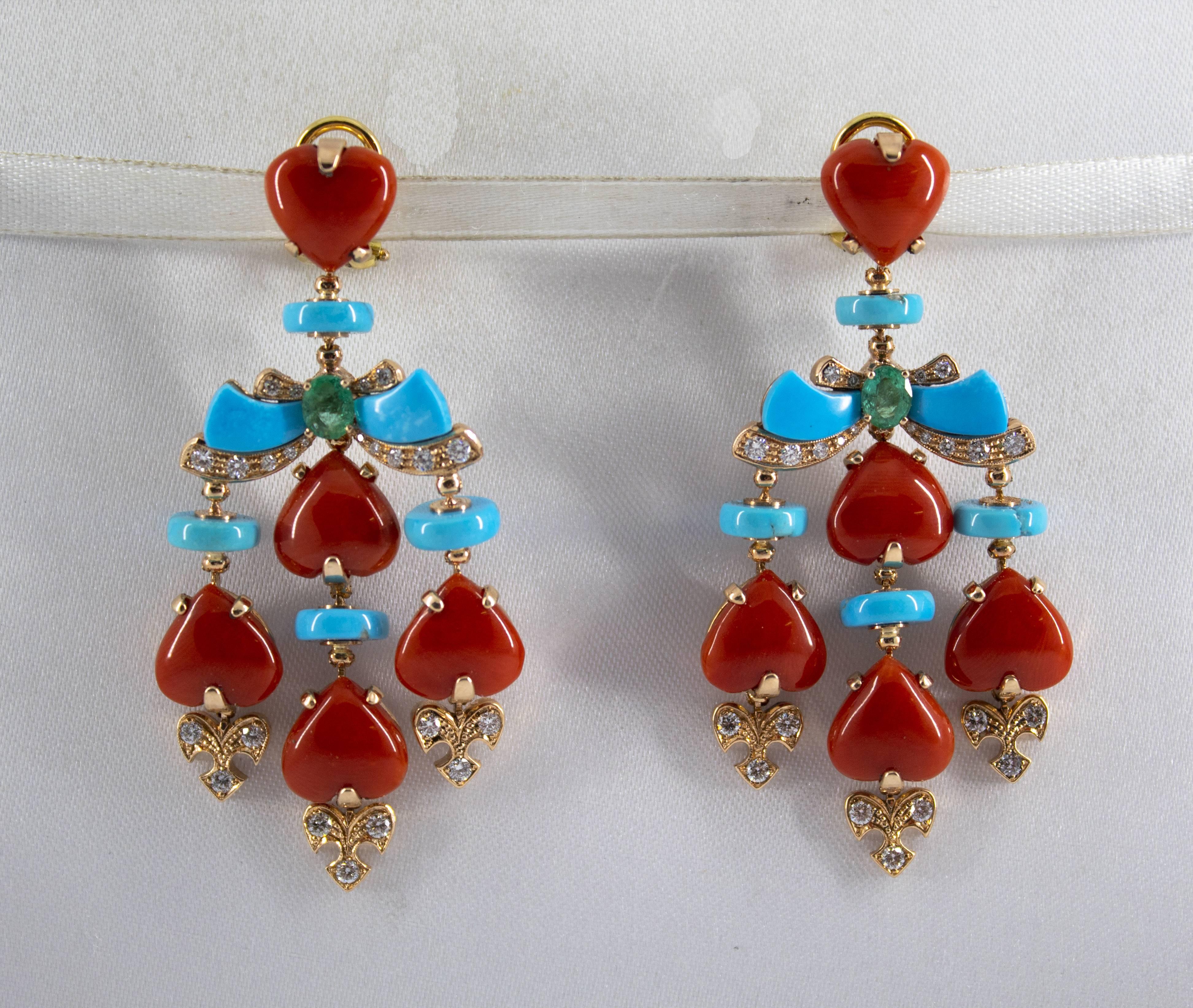 These Earrings are made of 14K Yellow Gold.
These Earrings have 0.82 Carats of Diamonds.
These Earrings have 0.70 Carats of Emeralds.
These Earrings have also Mediterranean (Sardinia, Italy) Red Coral and Turquoise.
All our Earrings have pins for