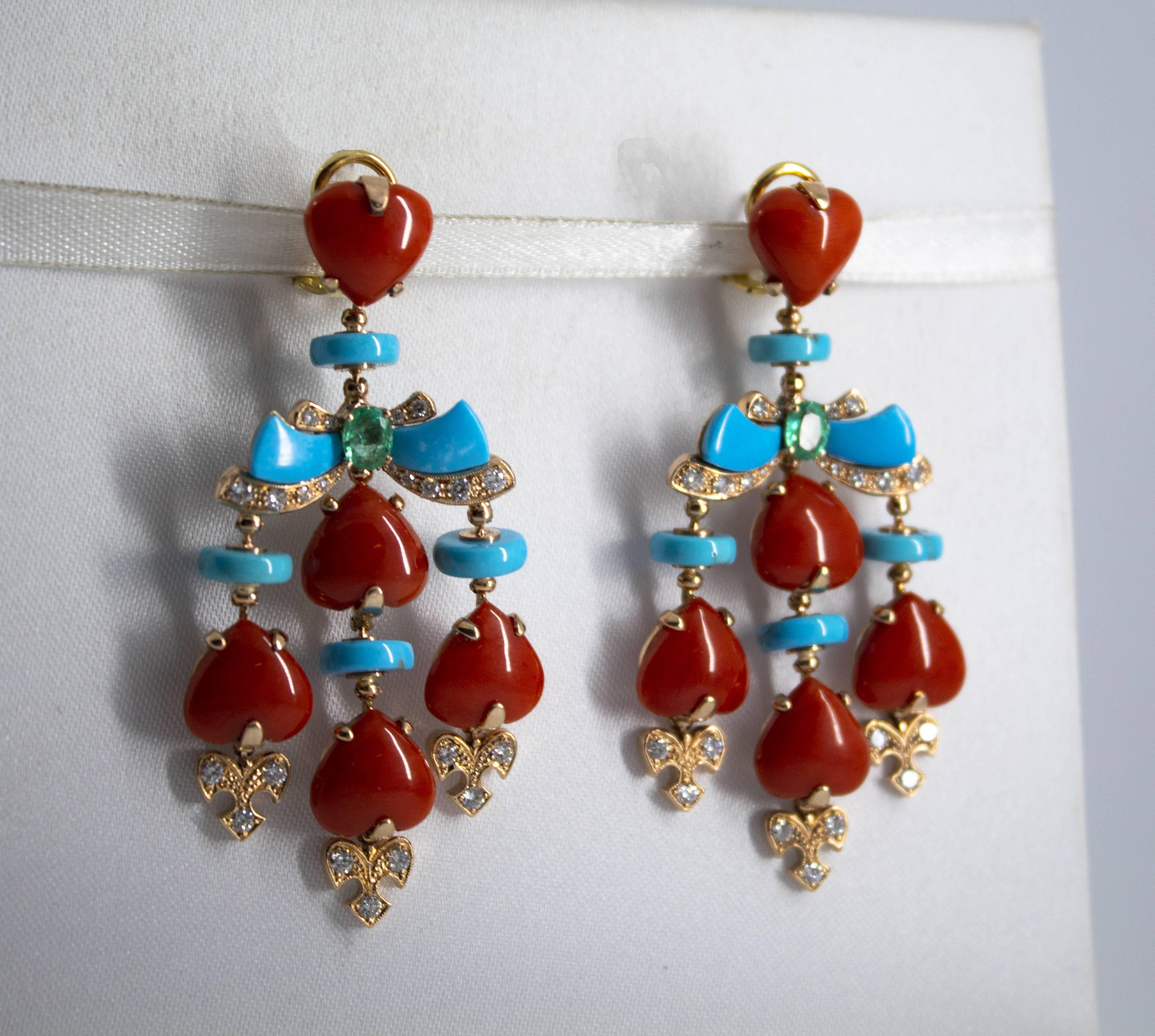 Renaissance Mediterranean Red Coral Turquoise Emerald Diamond Yellow Gold Clip-On Earrings