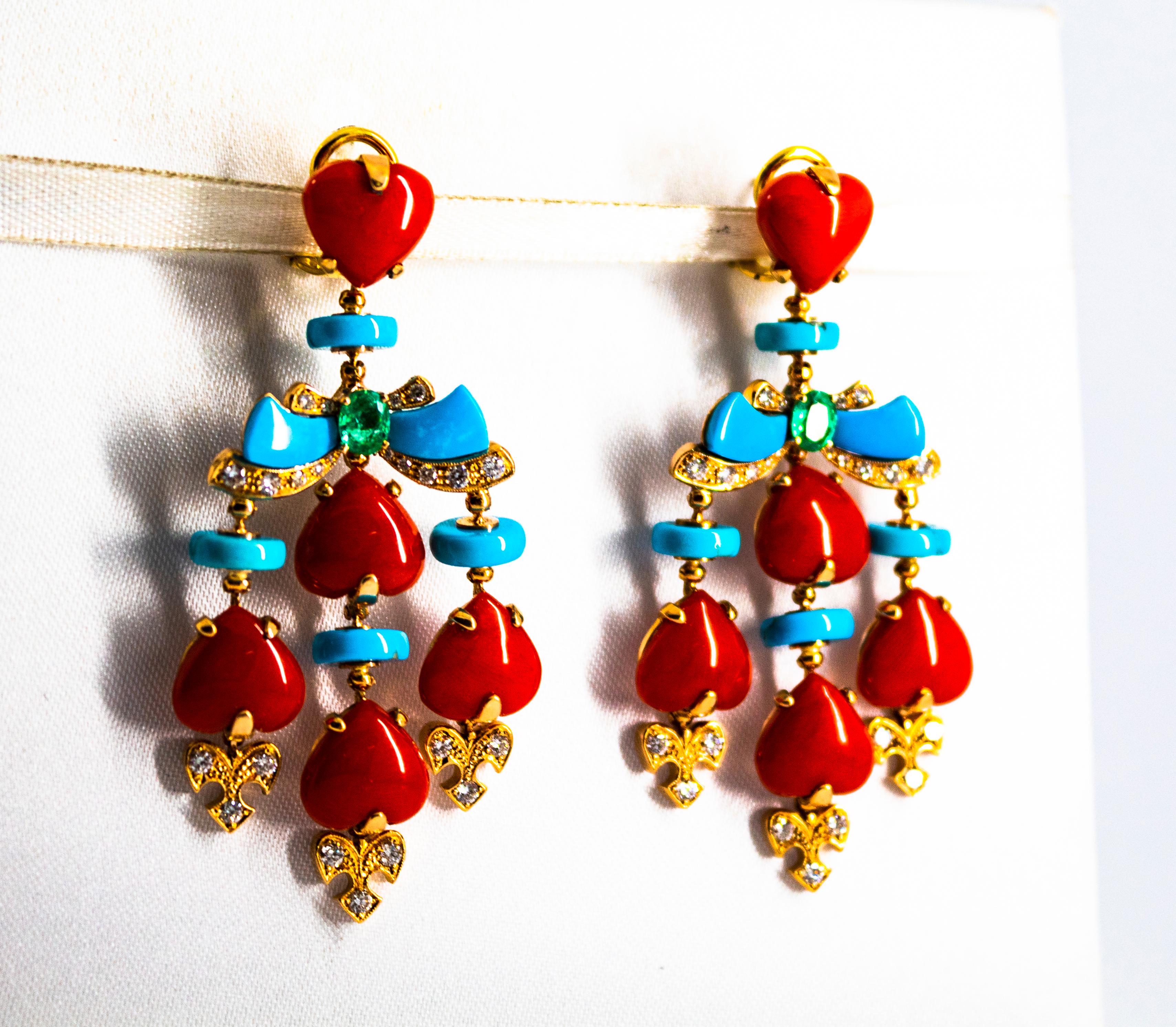 Art Nouveau Mediterranean Red Coral Turquoise Emerald Diamond Yellow Gold Clip-On Earrings