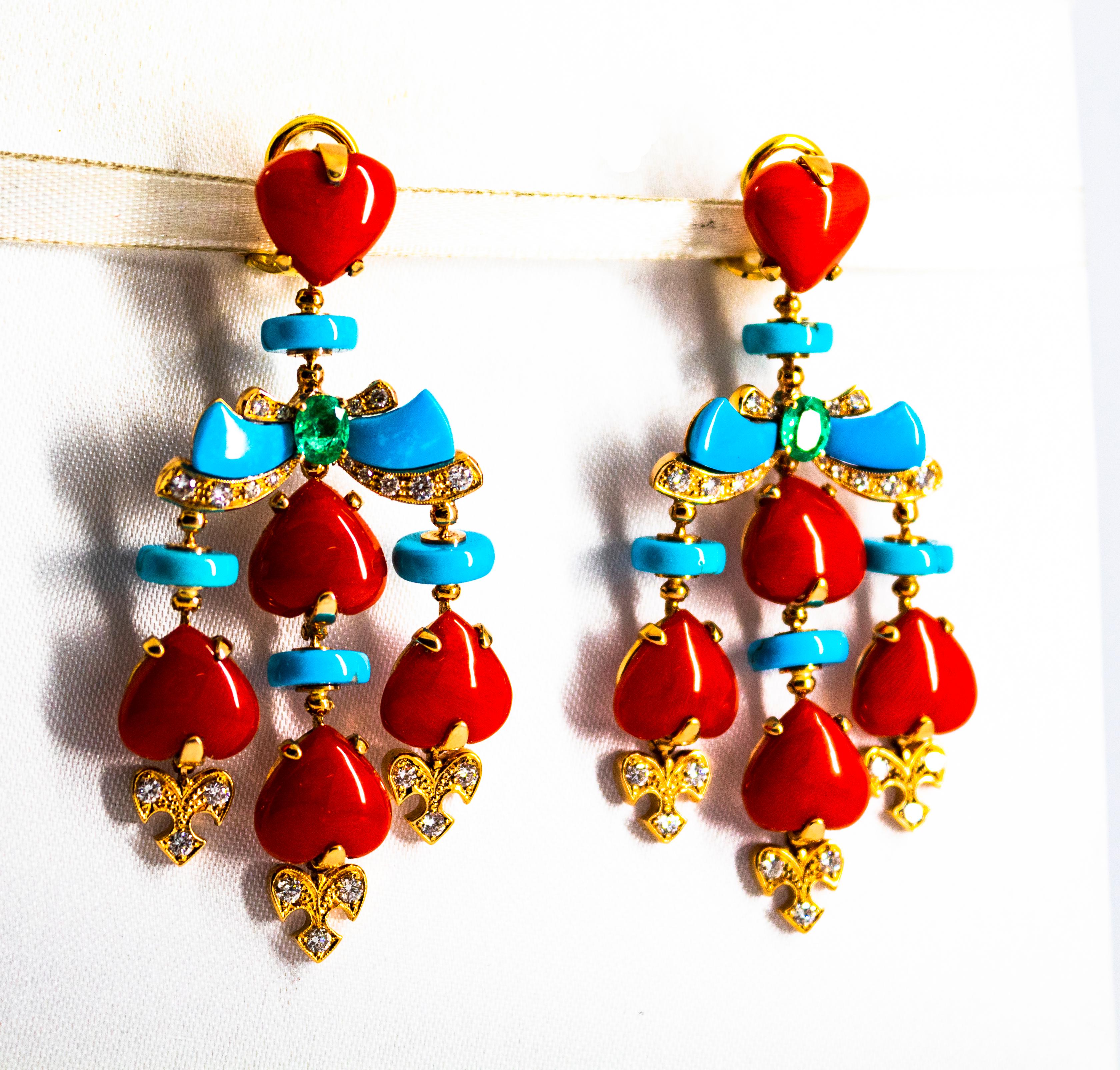 Brilliant Cut Mediterranean Red Coral Turquoise Emerald Diamond Yellow Gold Clip-On Earrings