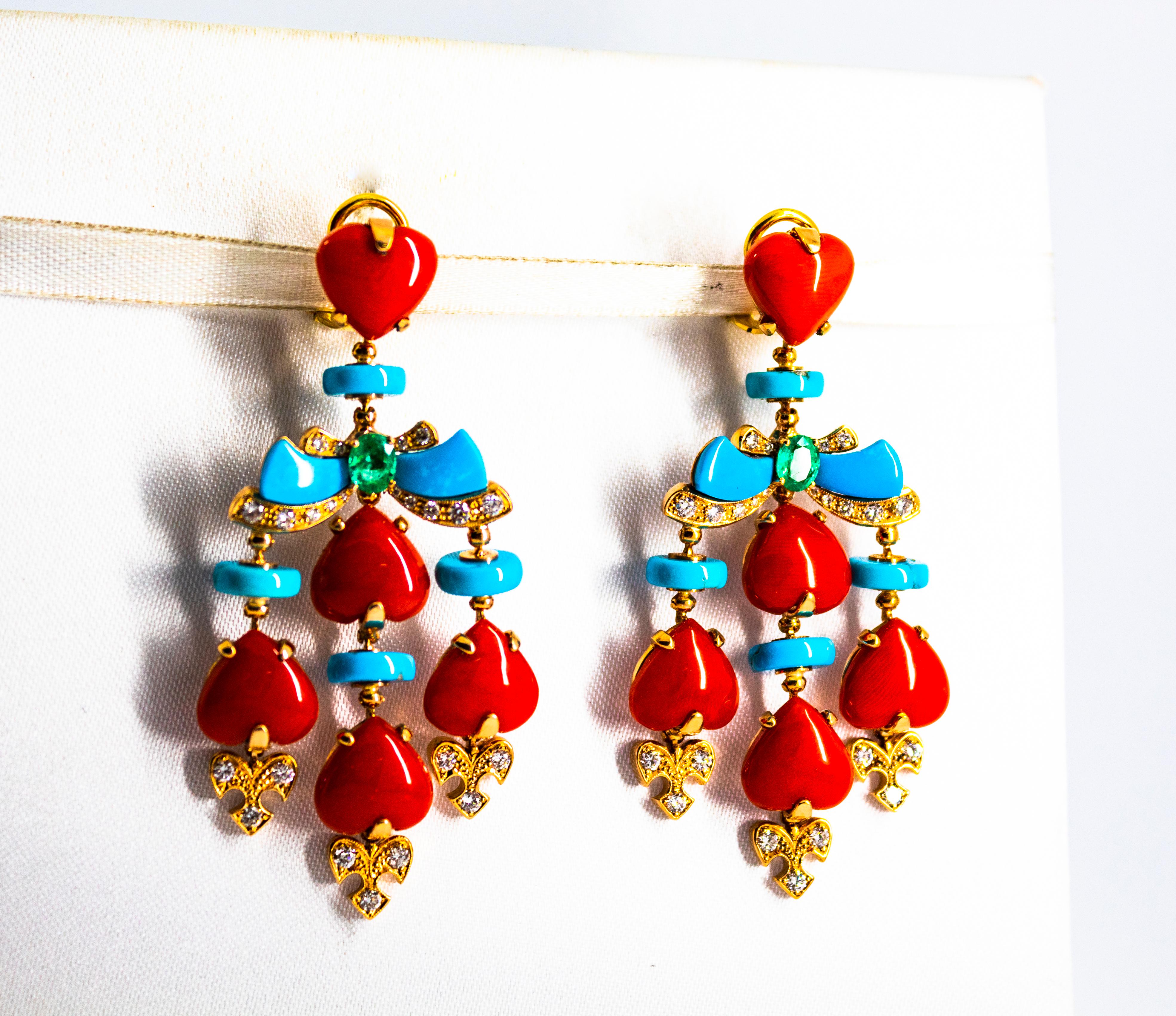 Pendientes de clip de oro amarillo coral rojo mediterráneo turquesa esmeralda diamante en Nuevo estado para la venta en Naples, IT