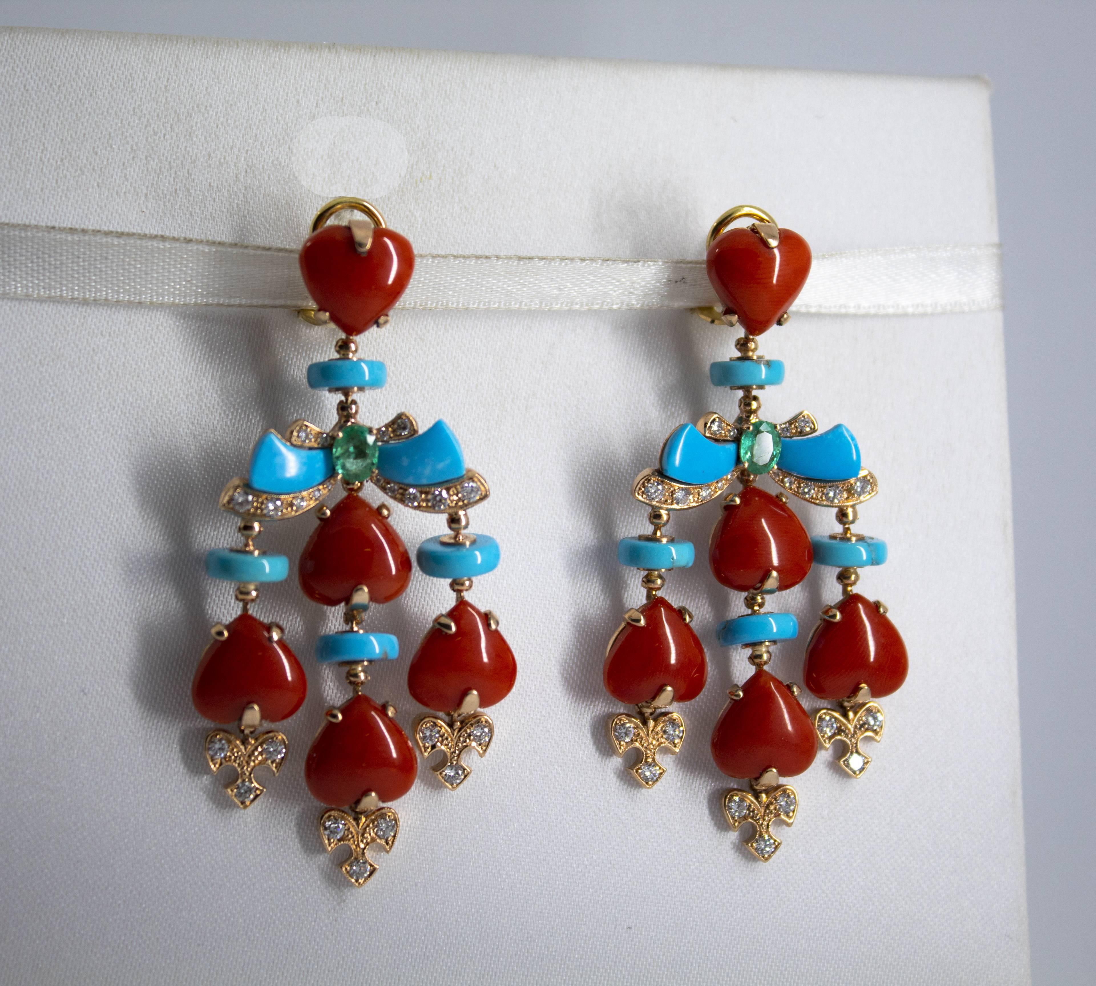 Women's or Men's Mediterranean Red Coral Turquoise Emerald Diamond Yellow Gold Clip-On Earrings