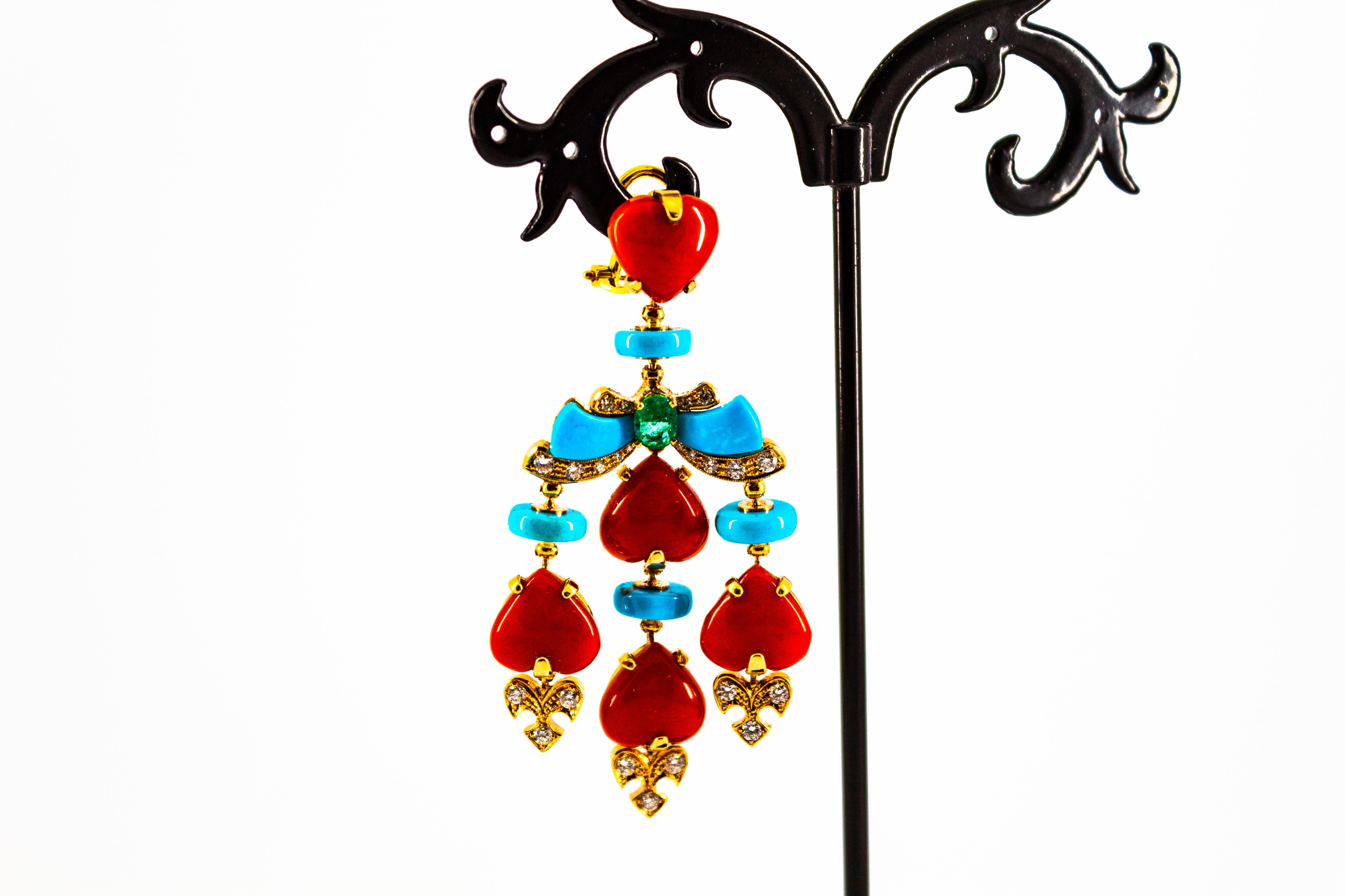 Art Nouveau Mediterranean Red Coral Turquoise Emerald Diamond Yellow Gold Clip-On Earrings For Sale