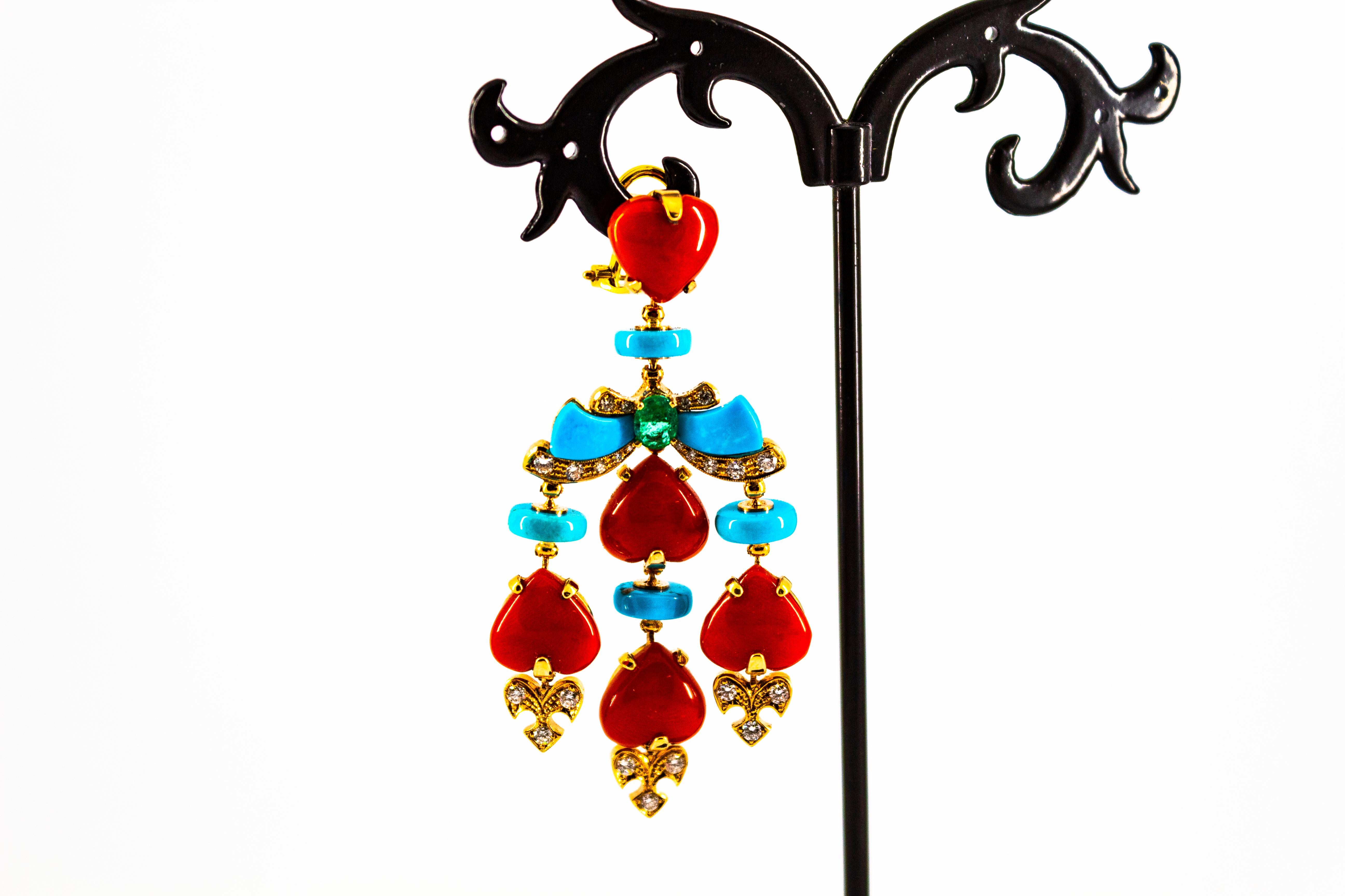 Femenino o masculino Pendientes de clip de oro amarillo coral rojo mediterráneo turquesa esmeralda diamante en venta