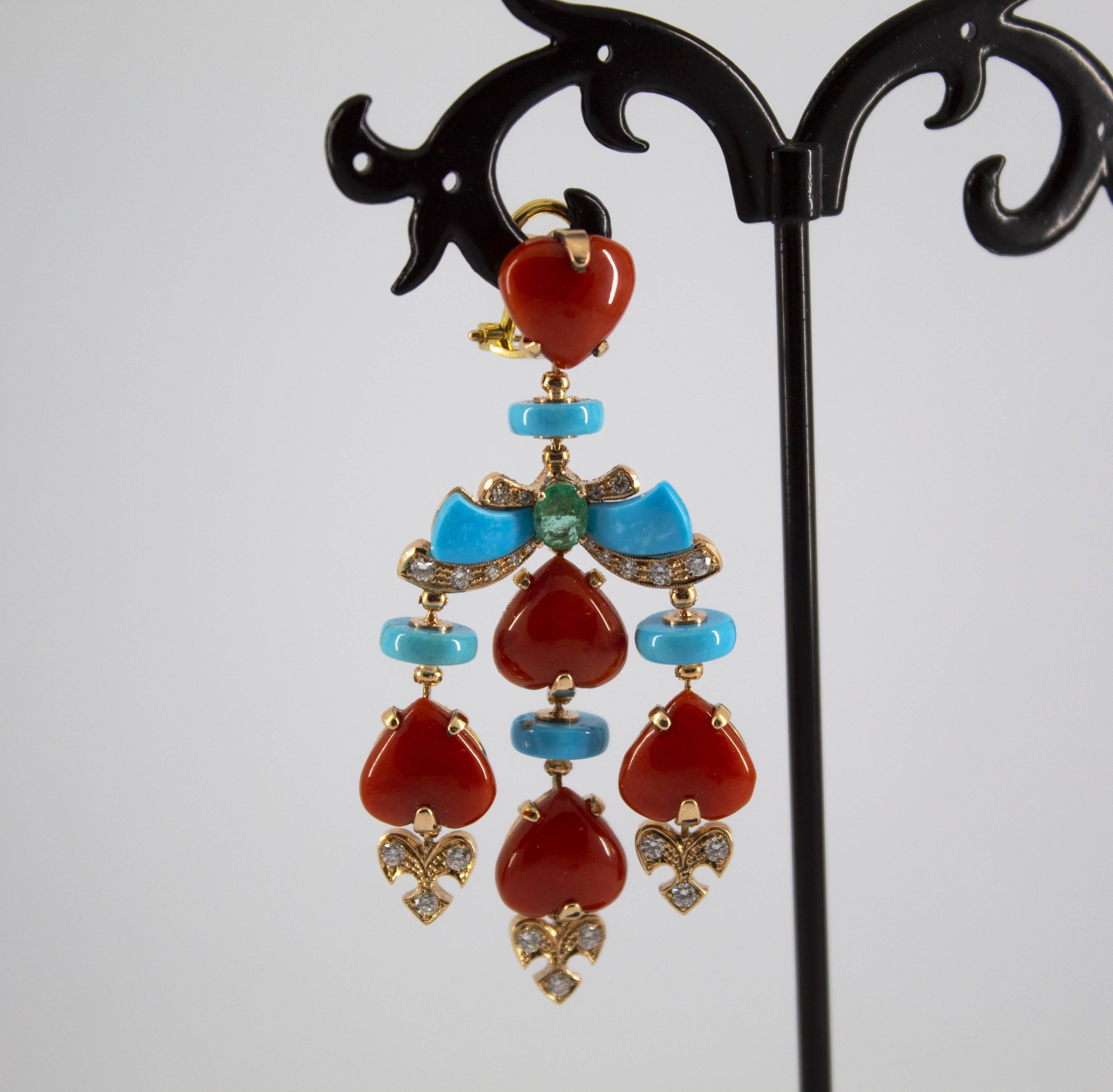 Mediterranean Red Coral Turquoise Emerald Diamond Yellow Gold Clip-On Earrings 1