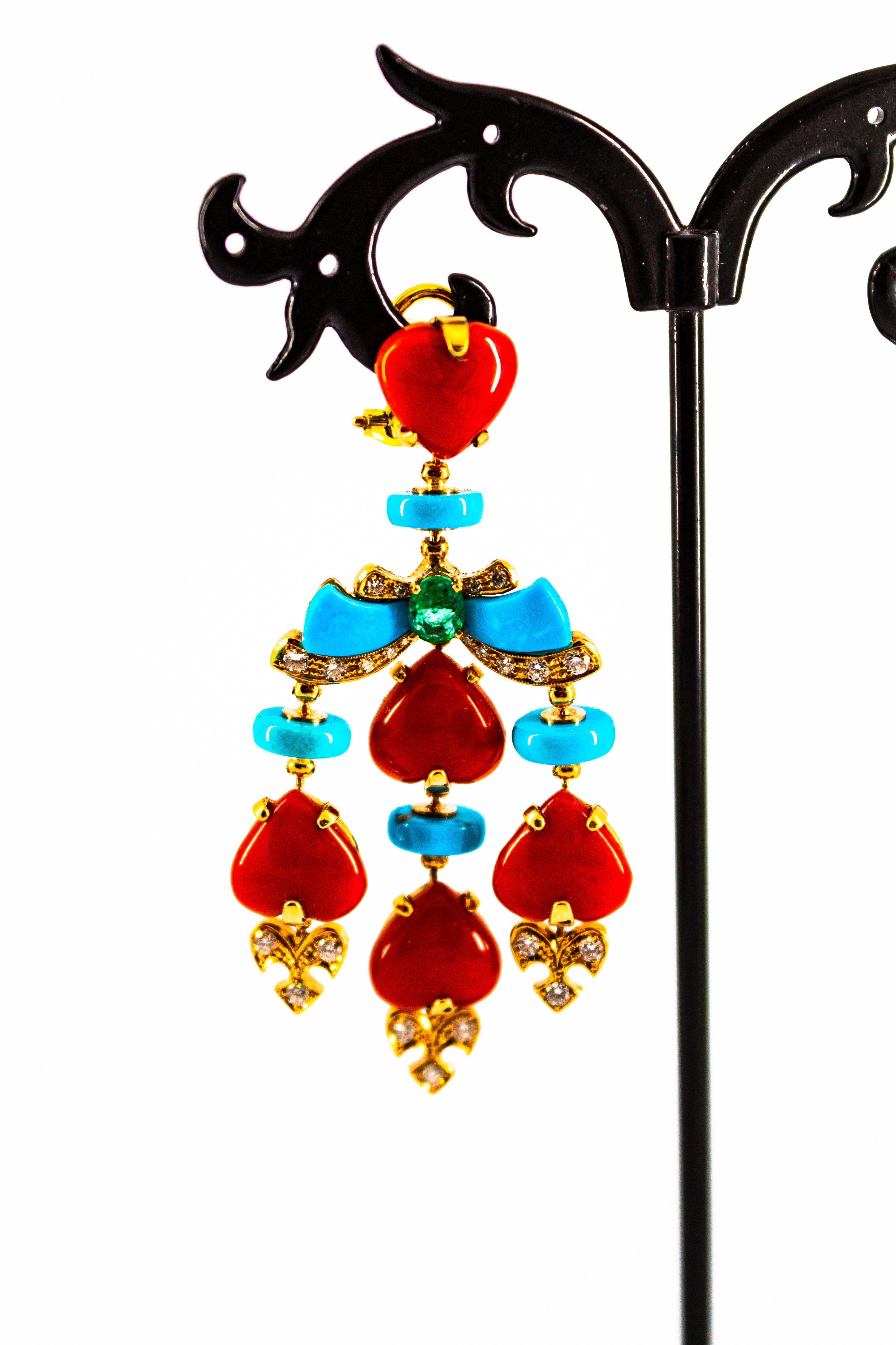 Brilliant Cut Mediterranean Red Coral Turquoise Emerald Diamond Yellow Gold Clip-On Earrings For Sale