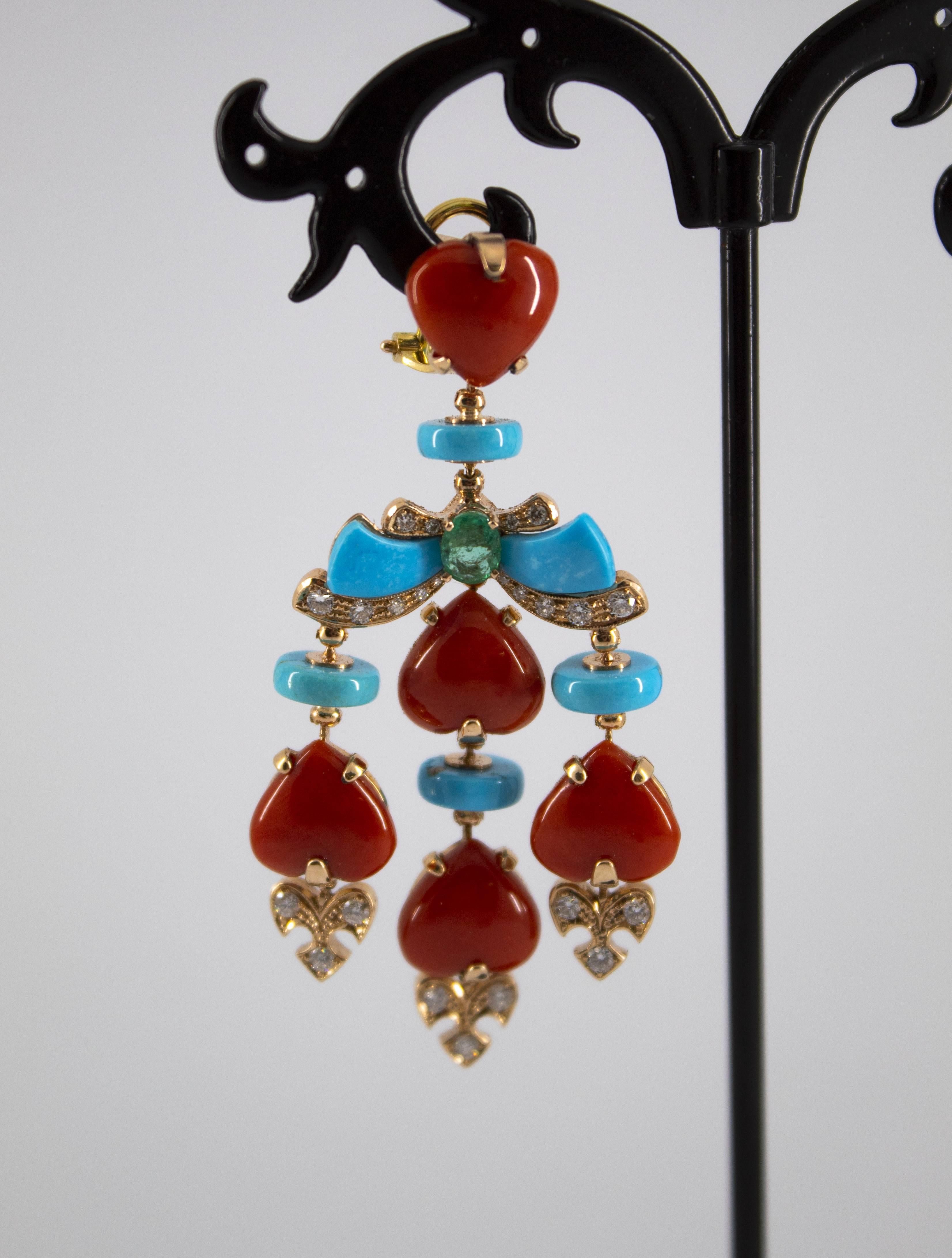 Mediterranean Red Coral Turquoise Emerald Diamond Yellow Gold Clip-On Earrings 2