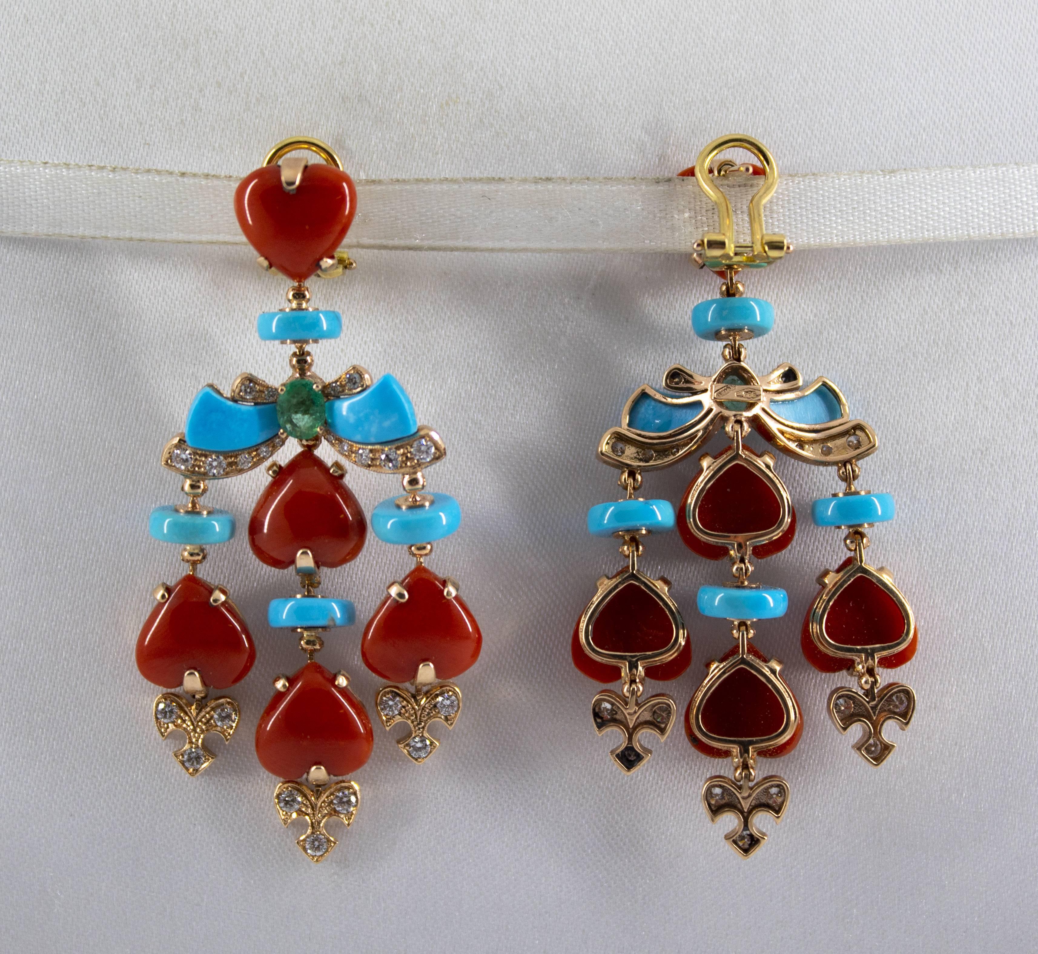 Mediterranean Red Coral Turquoise Emerald Diamond Yellow Gold Clip-On Earrings 3