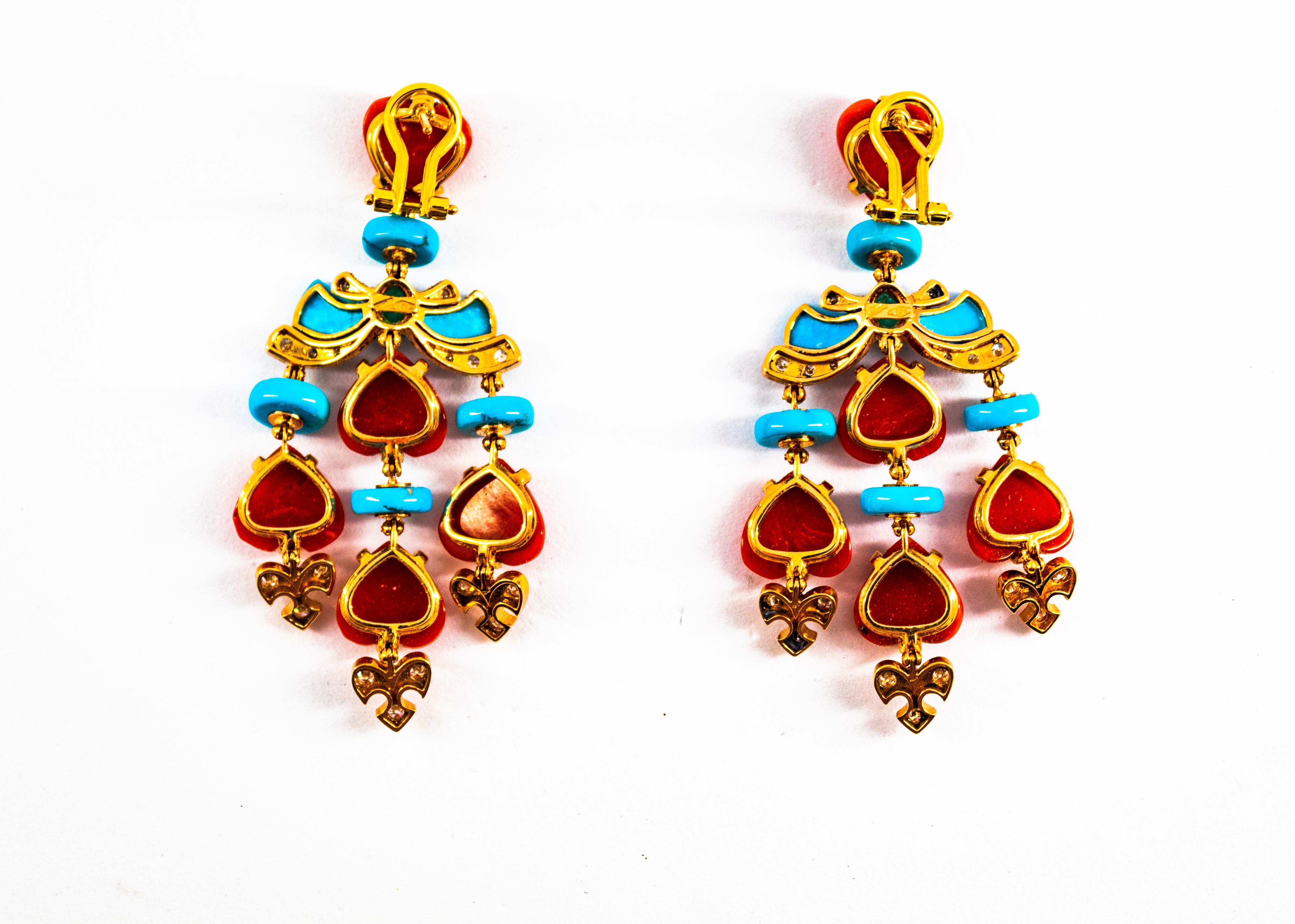 Women's or Men's Mediterranean Red Coral Turquoise Emerald Diamond Yellow Gold Clip-On Earrings For Sale