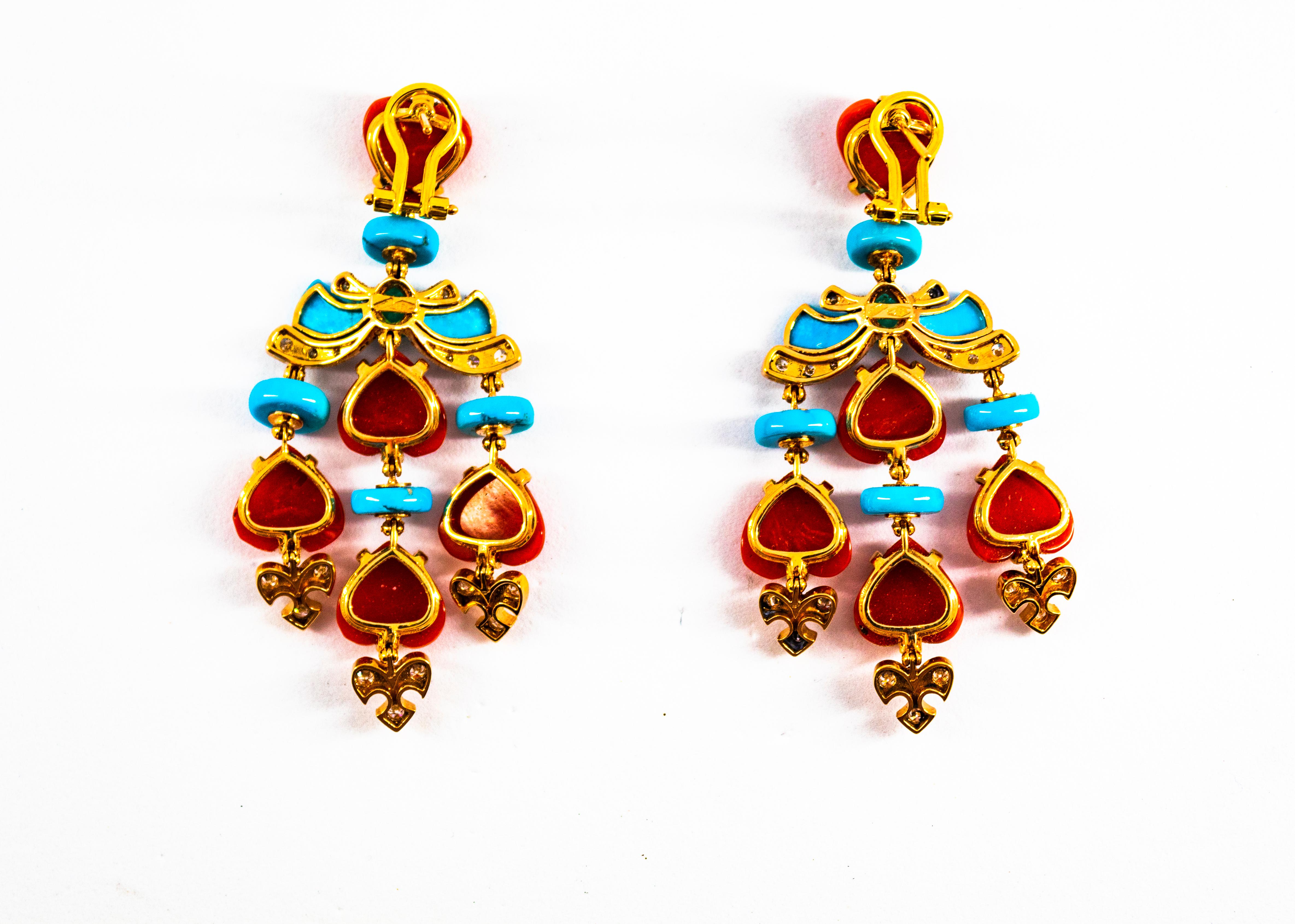 Pendientes de clip de oro amarillo coral rojo mediterráneo turquesa esmeralda diamante en venta 3