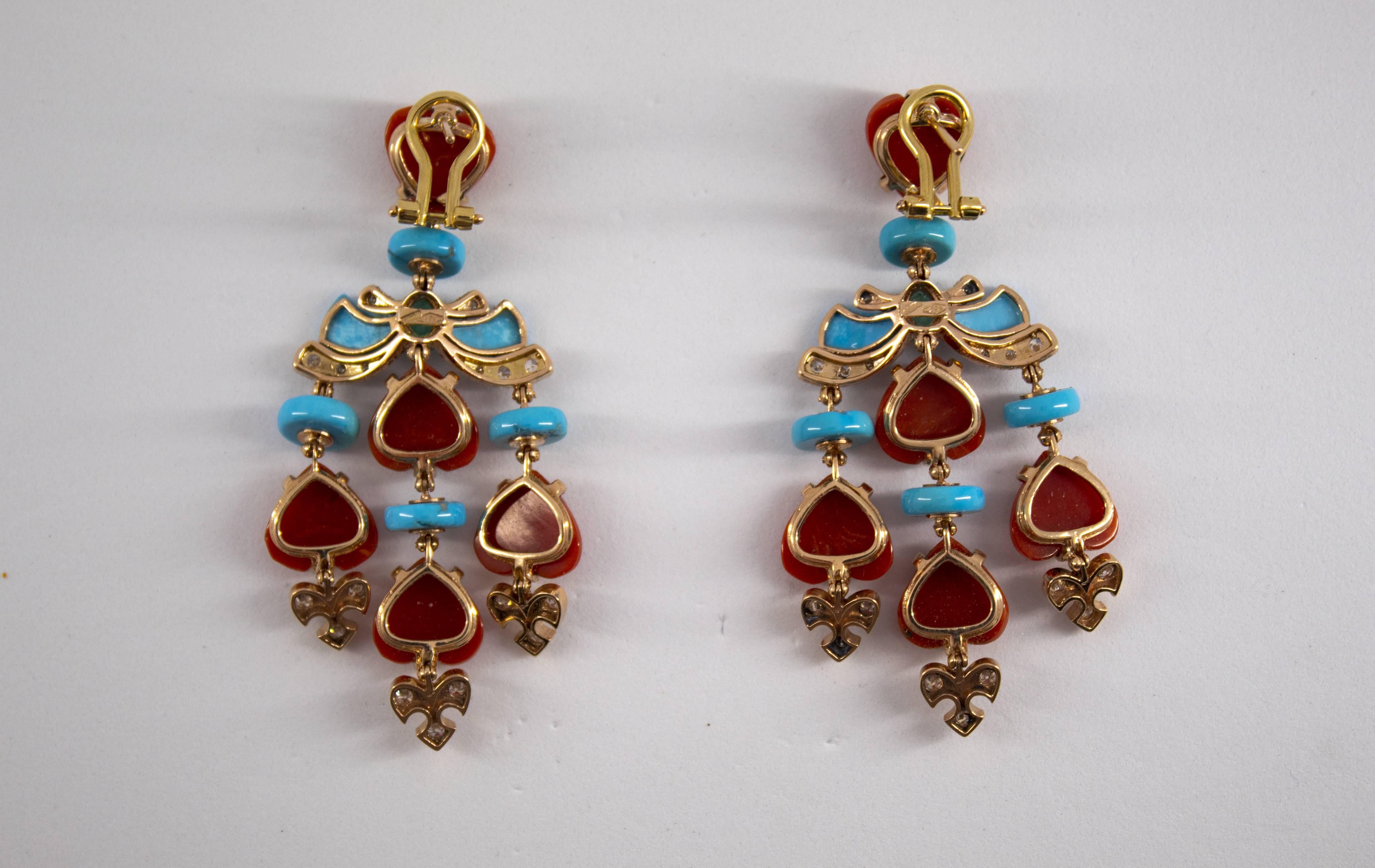 Mediterranean Red Coral Turquoise Emerald Diamond Yellow Gold Clip-On Earrings 4