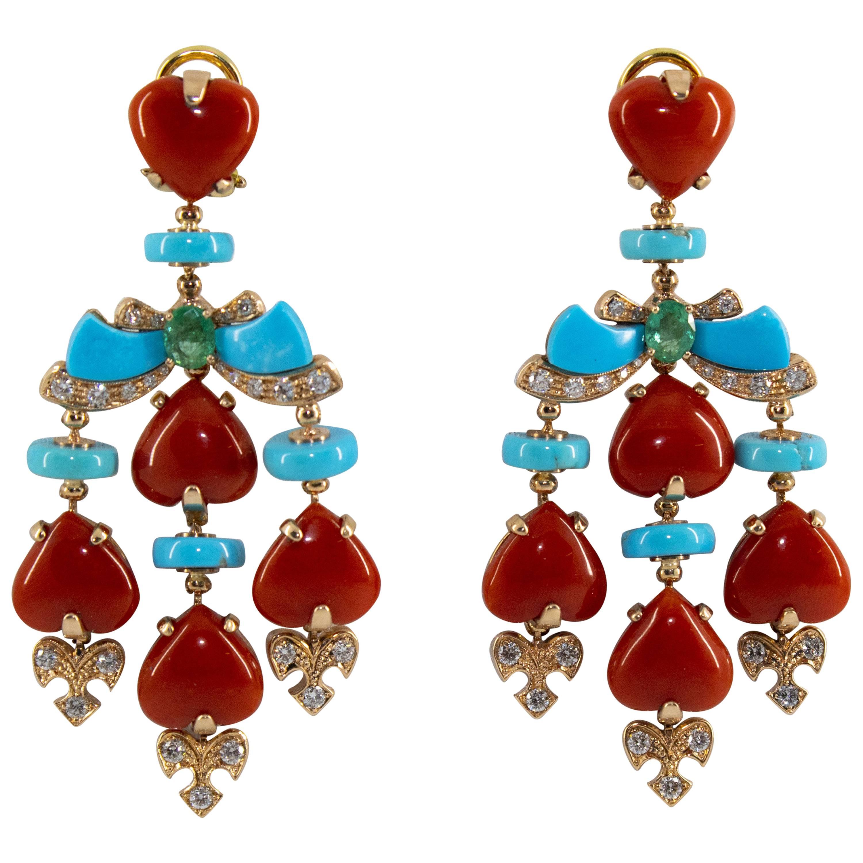 Mediterranean Red Coral Turquoise Emerald Diamond Yellow Gold Clip-On Earrings