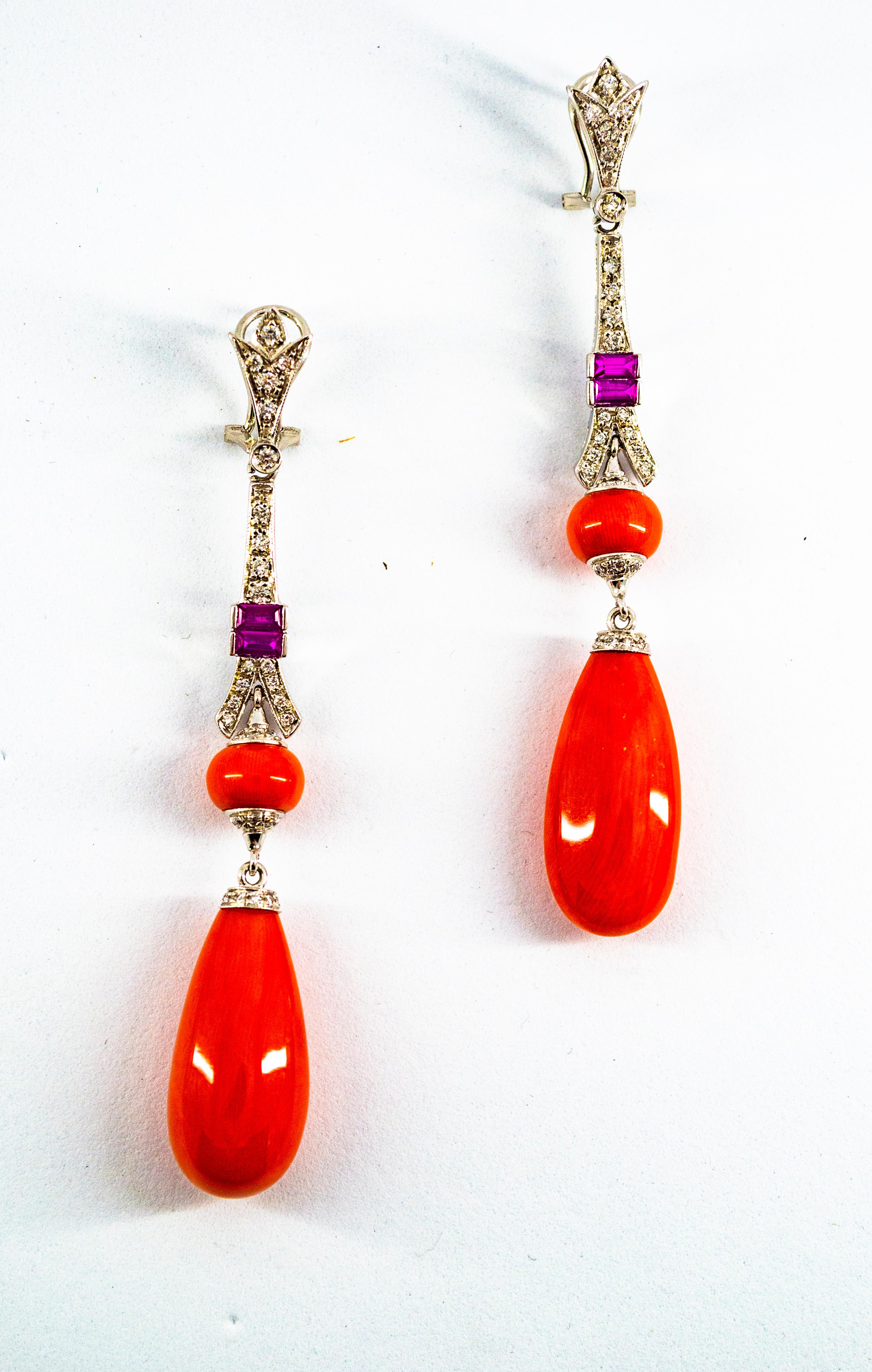 Mediterranean Red Coral White Diamond Amethyst White Gold Eiffel Tower Earrings For Sale 2