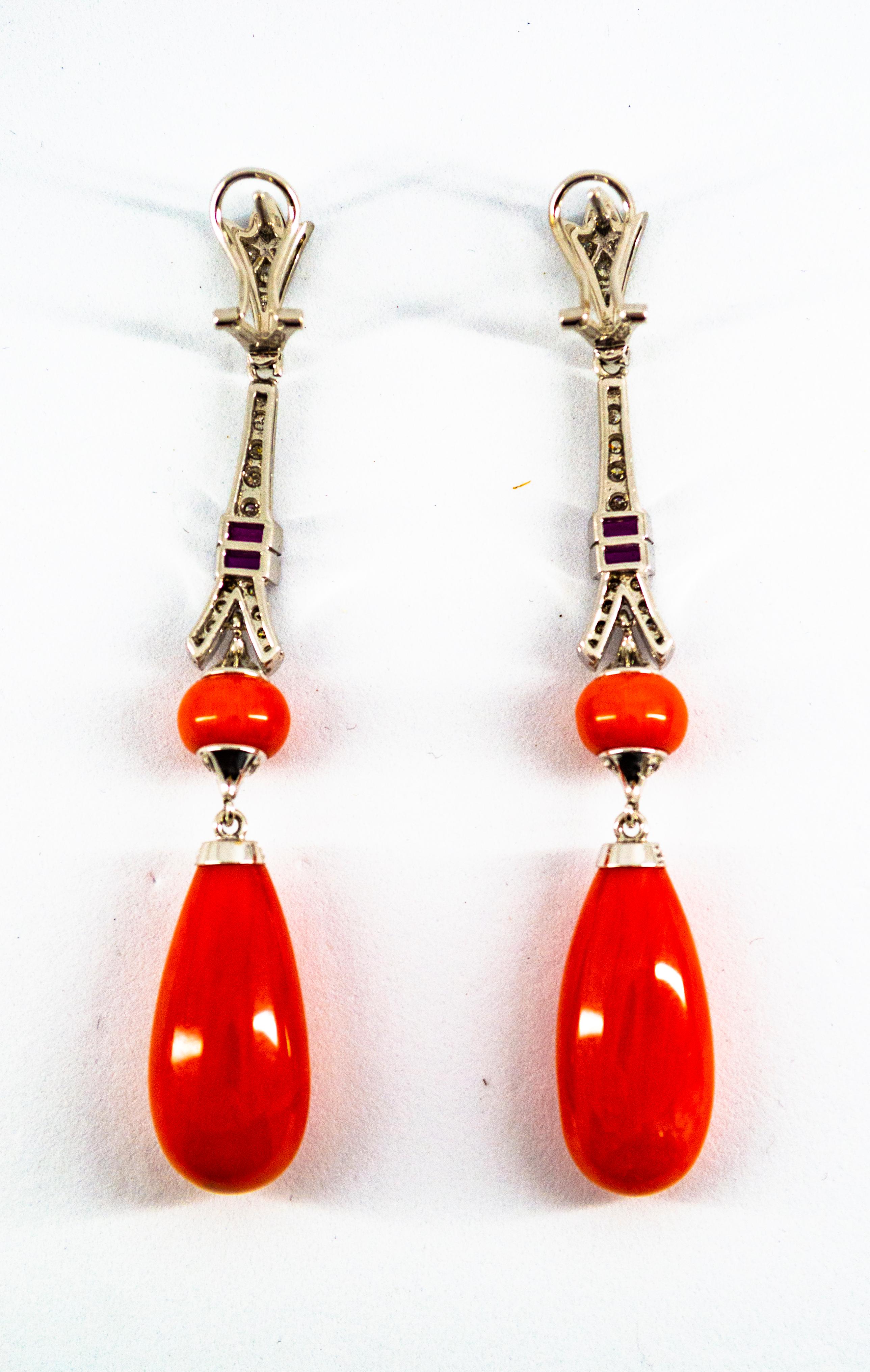 Mediterranean Red Coral White Diamond Amethyst White Gold Eiffel Tower Earrings For Sale 3
