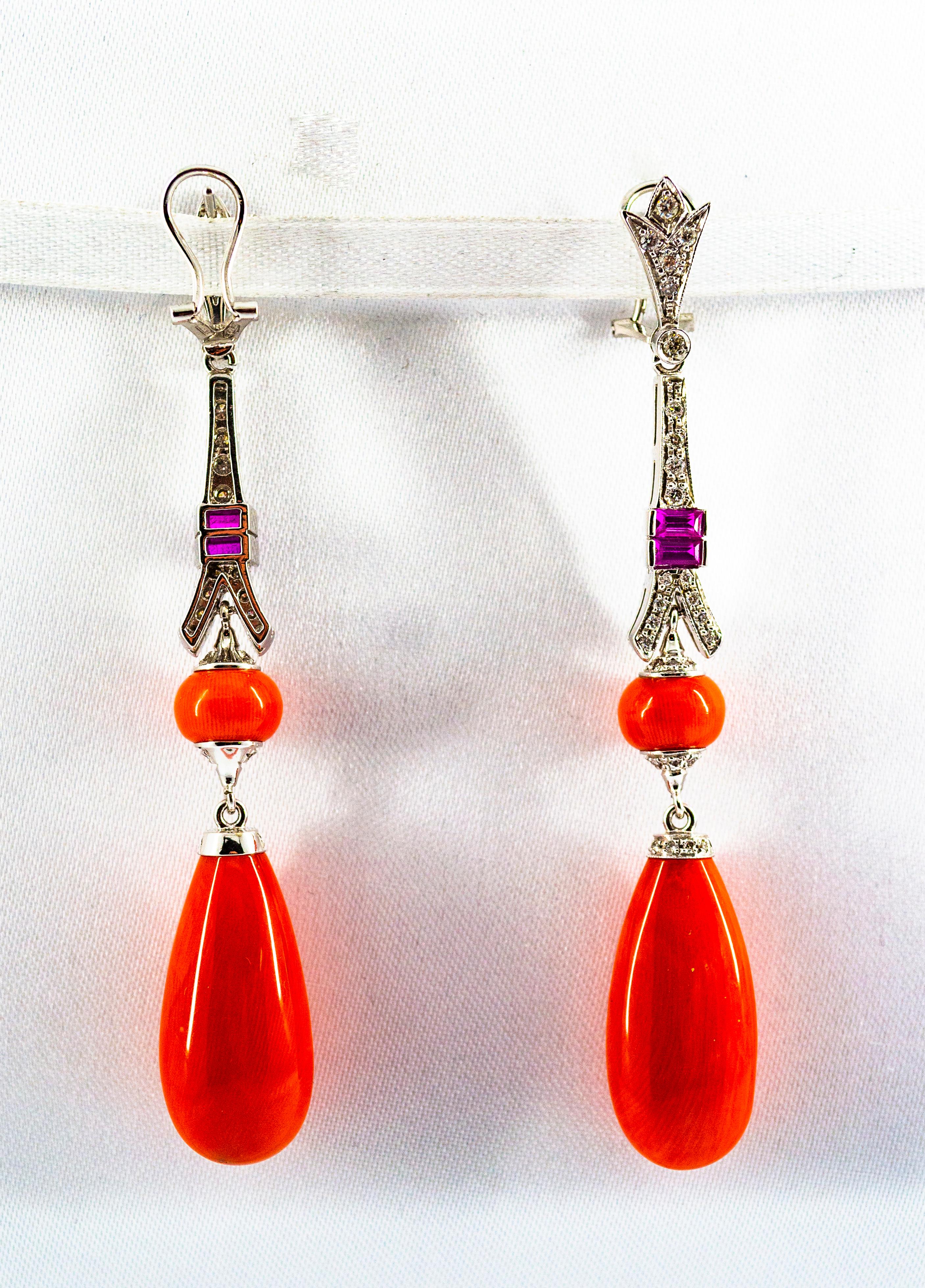 Art Deco Mediterranean Red Coral White Diamond Amethyst White Gold Eiffel Tower Earrings For Sale