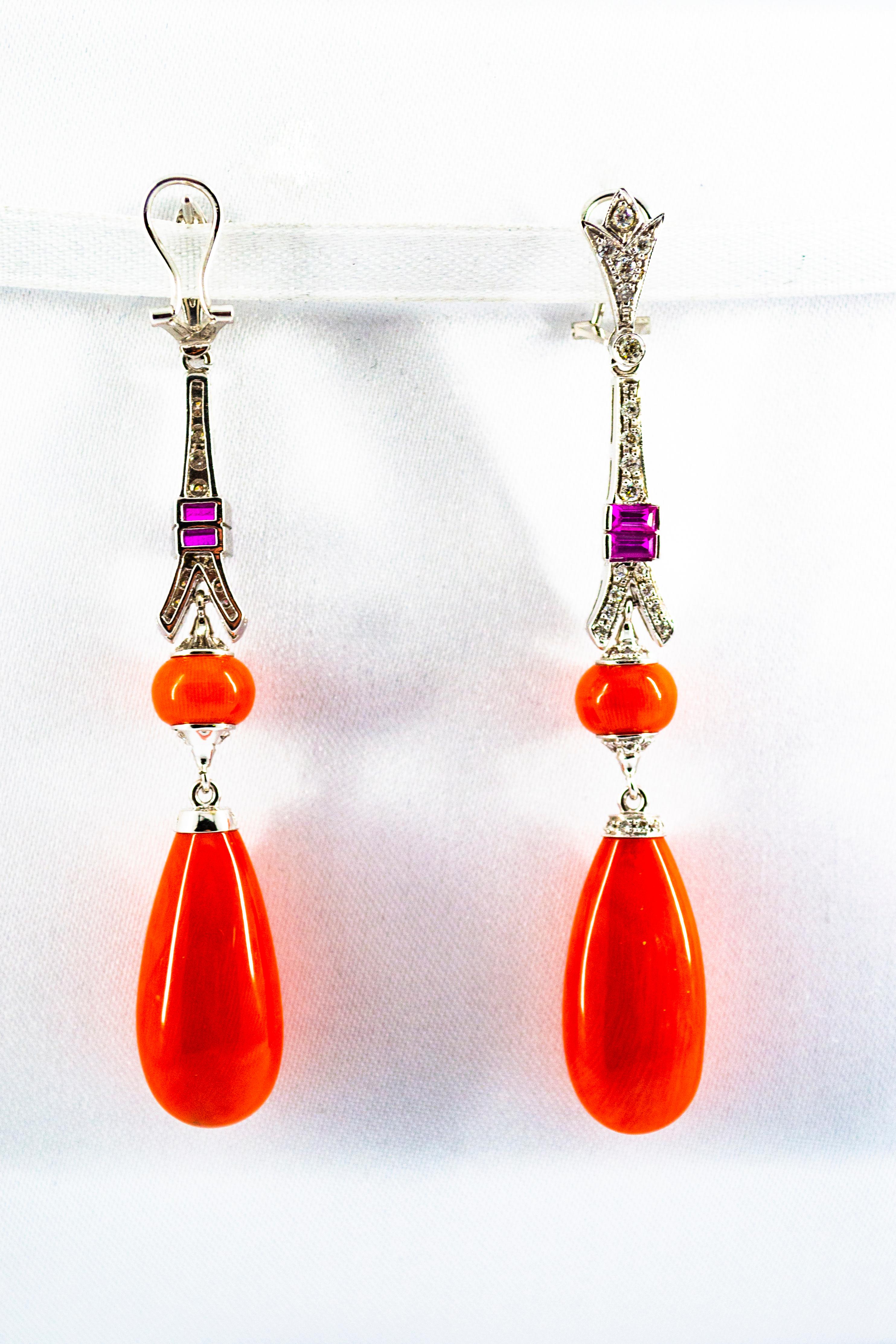 Mediterranean Red Coral White Diamond Amethyst White Gold Eiffel Tower Earrings In New Condition For Sale In Naples, IT
