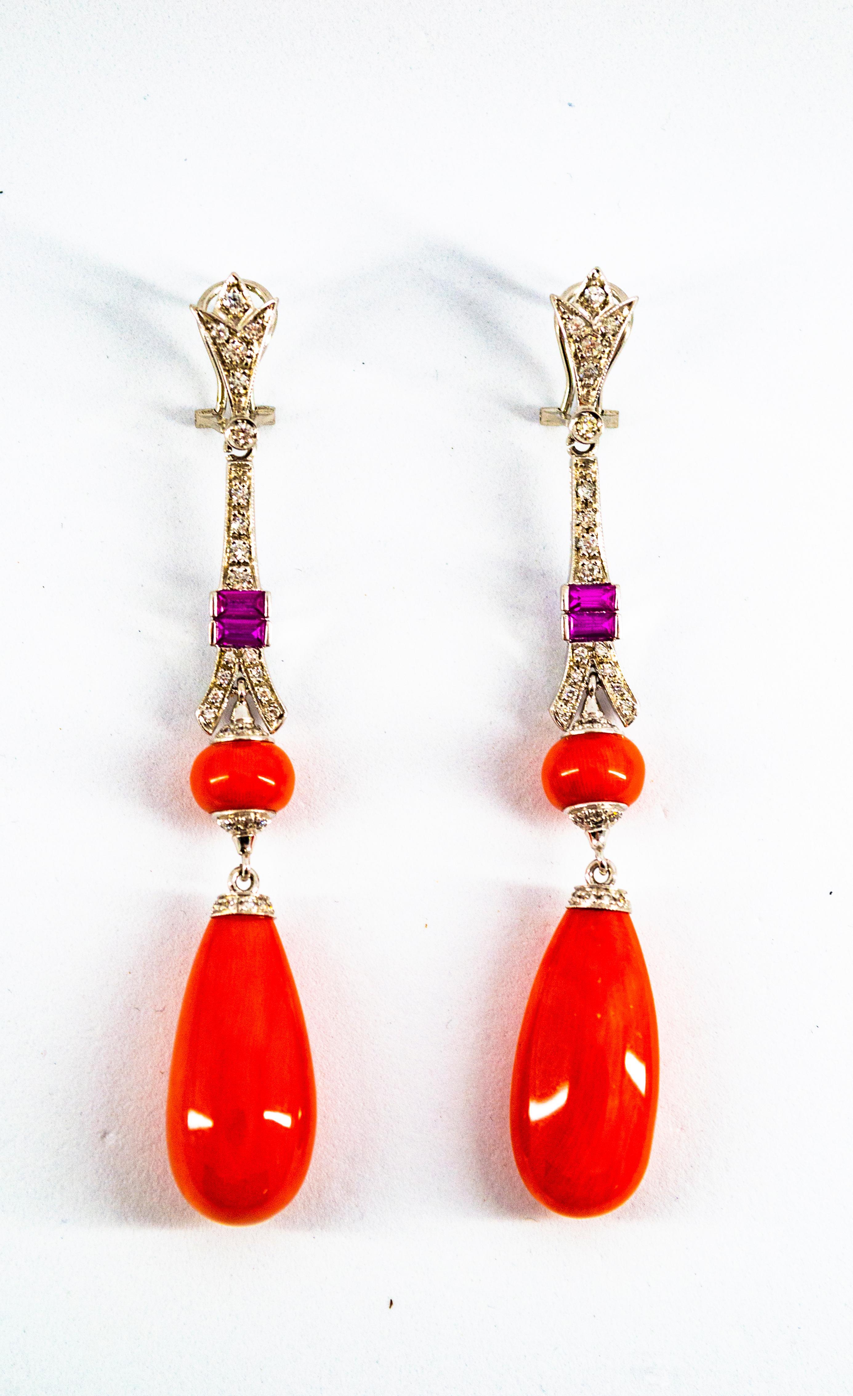 Women's or Men's Mediterranean Red Coral White Diamond Amethyst White Gold Eiffel Tower Earrings For Sale