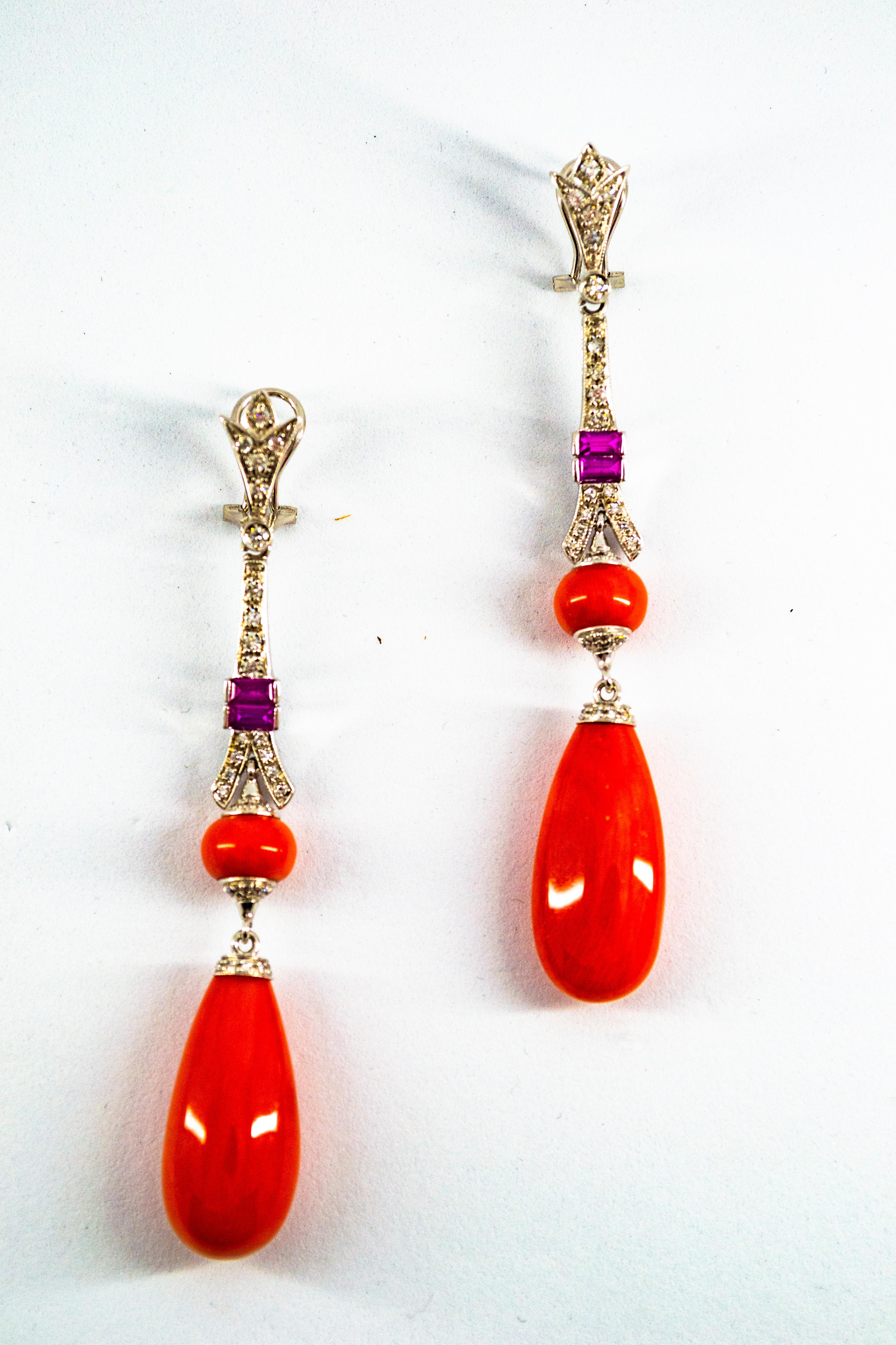 Mediterranean Red Coral White Diamond Amethyst White Gold Eiffel Tower Earrings For Sale 1