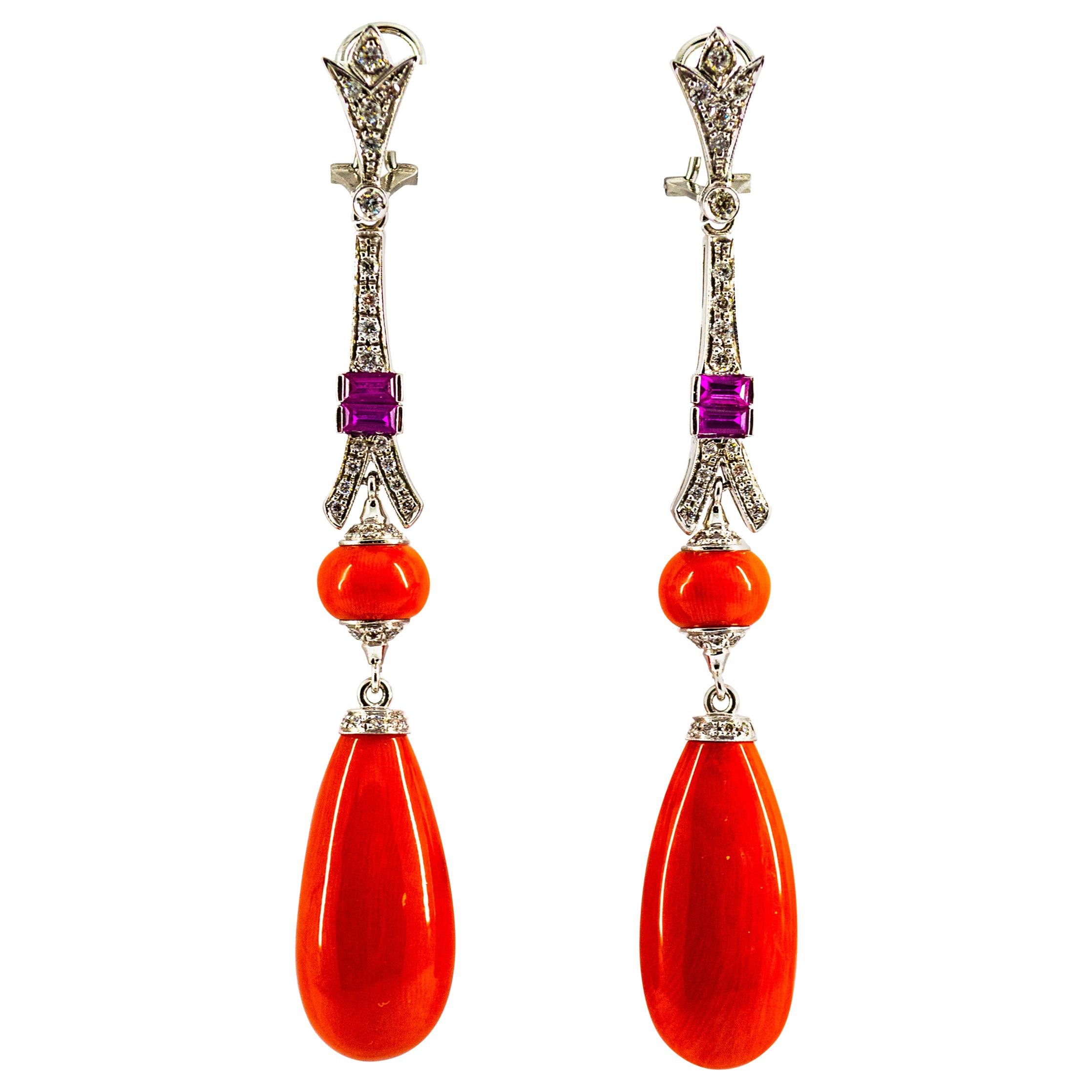 Mediterranean Red Coral White Diamond Amethyst White Gold Eiffel Tower Earrings For Sale