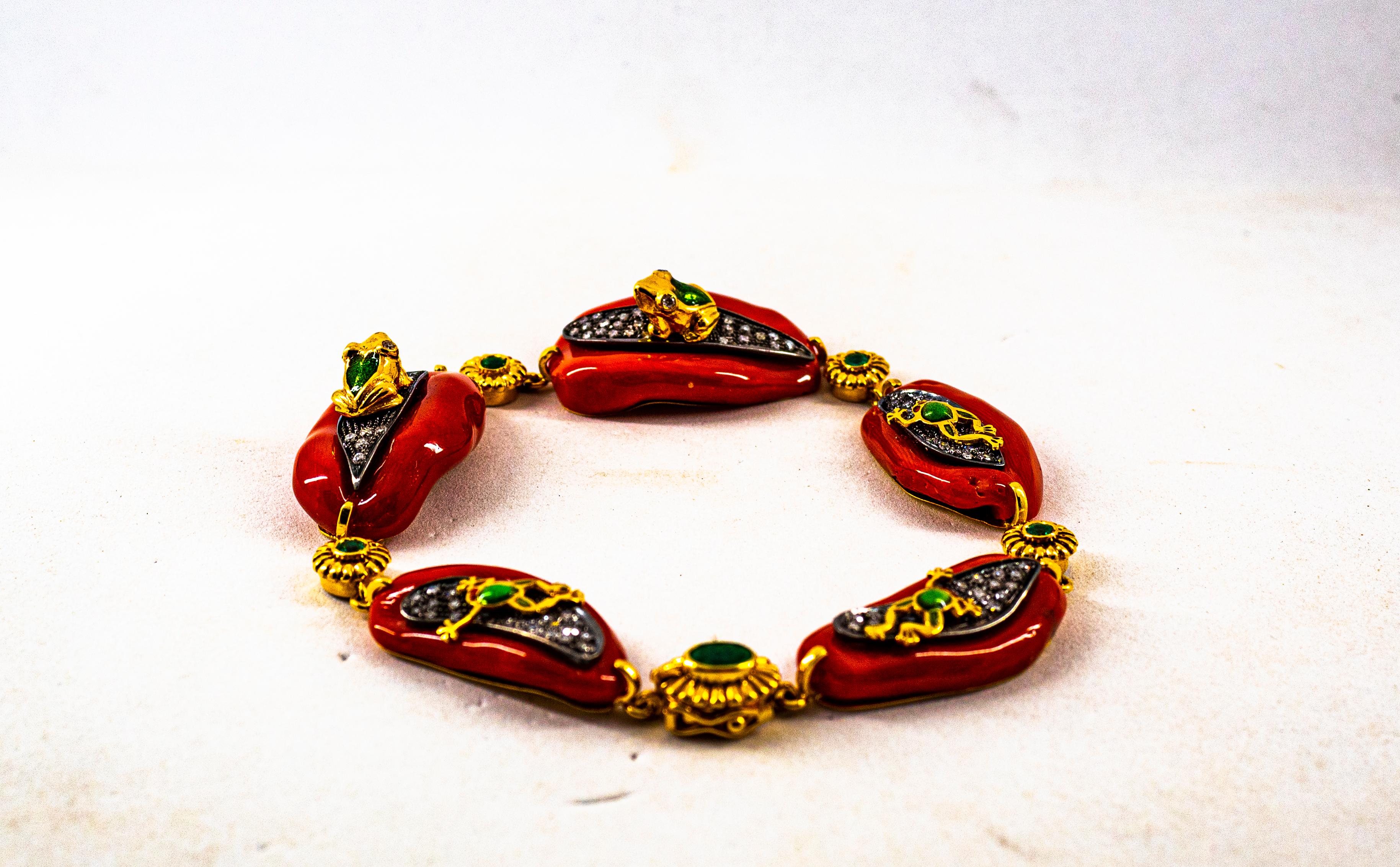 Mediterranean Red Coral White Diamond Emerald Enamel Yellow Gold Frogs Bracelet 5