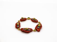 Pulsera Ranas Mediterráneo Coral Rojo Diamante Blanco Esmeralda Esmalte Oro Amarillo