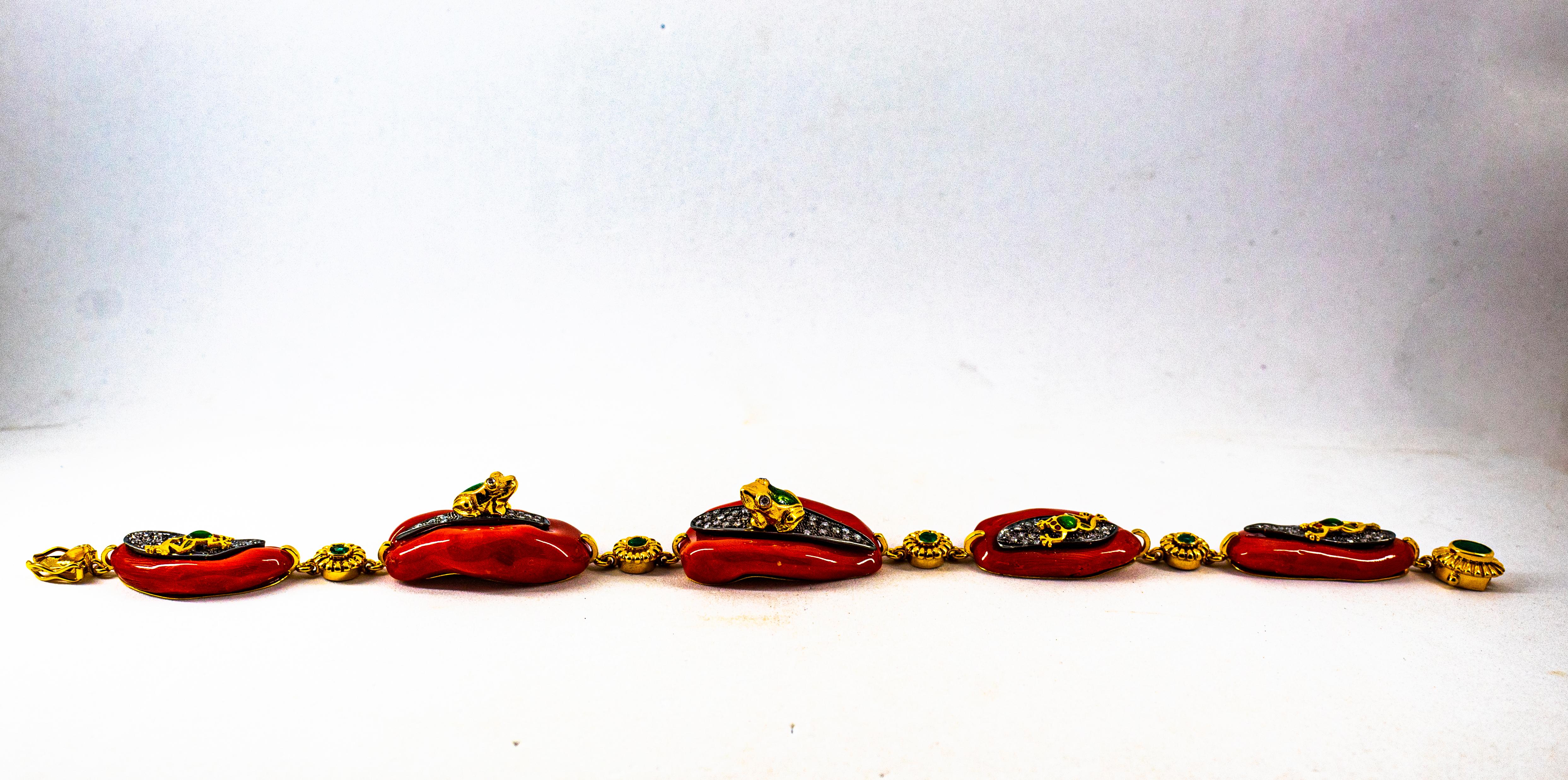 Art Nouveau Mediterranean Red Coral White Diamond Emerald Enamel Yellow Gold Frogs Bracelet