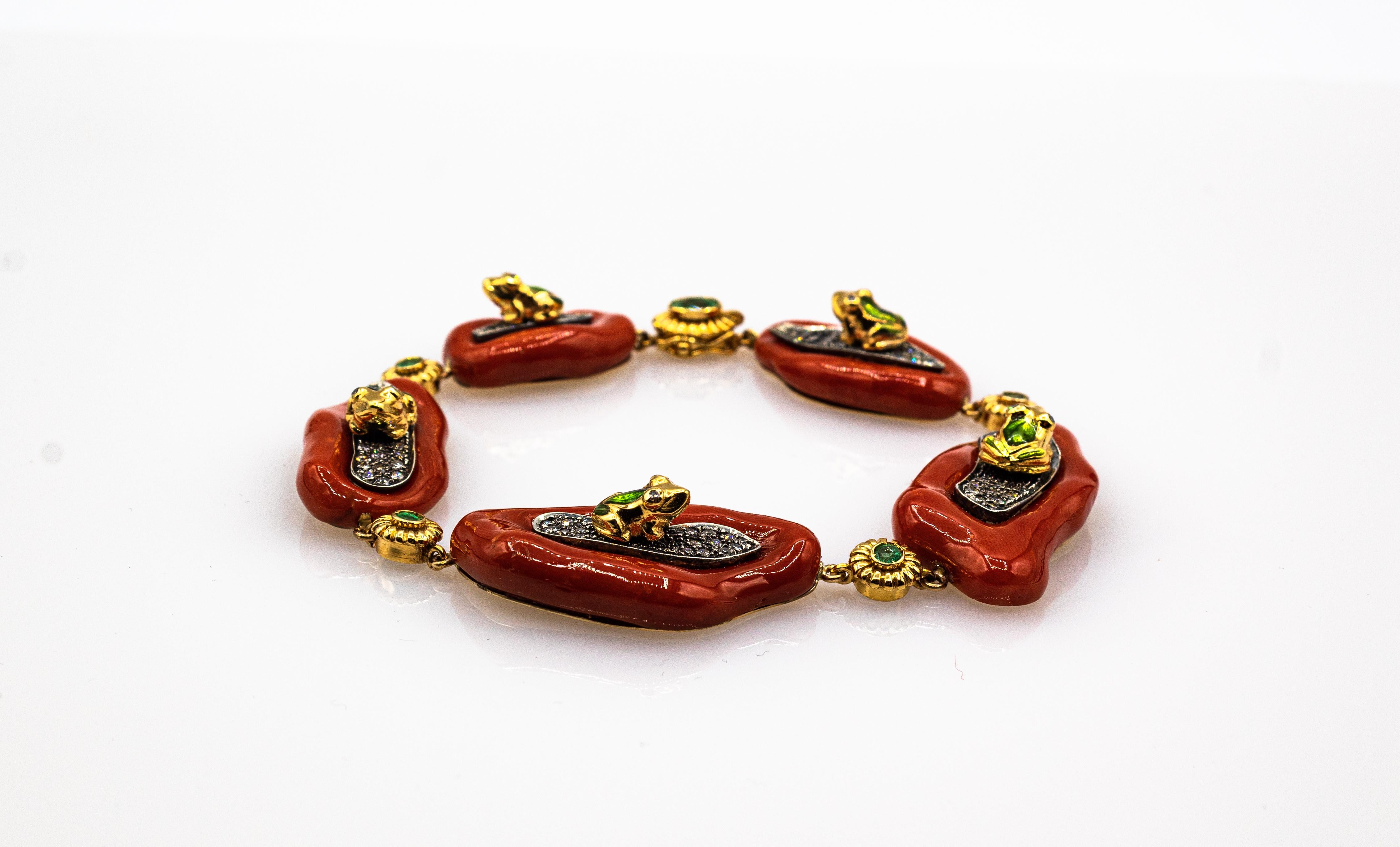 Art Nouveau Mediterranean Red Coral White Diamond Emerald Enamel Yellow Gold Frogs Bracelet For Sale