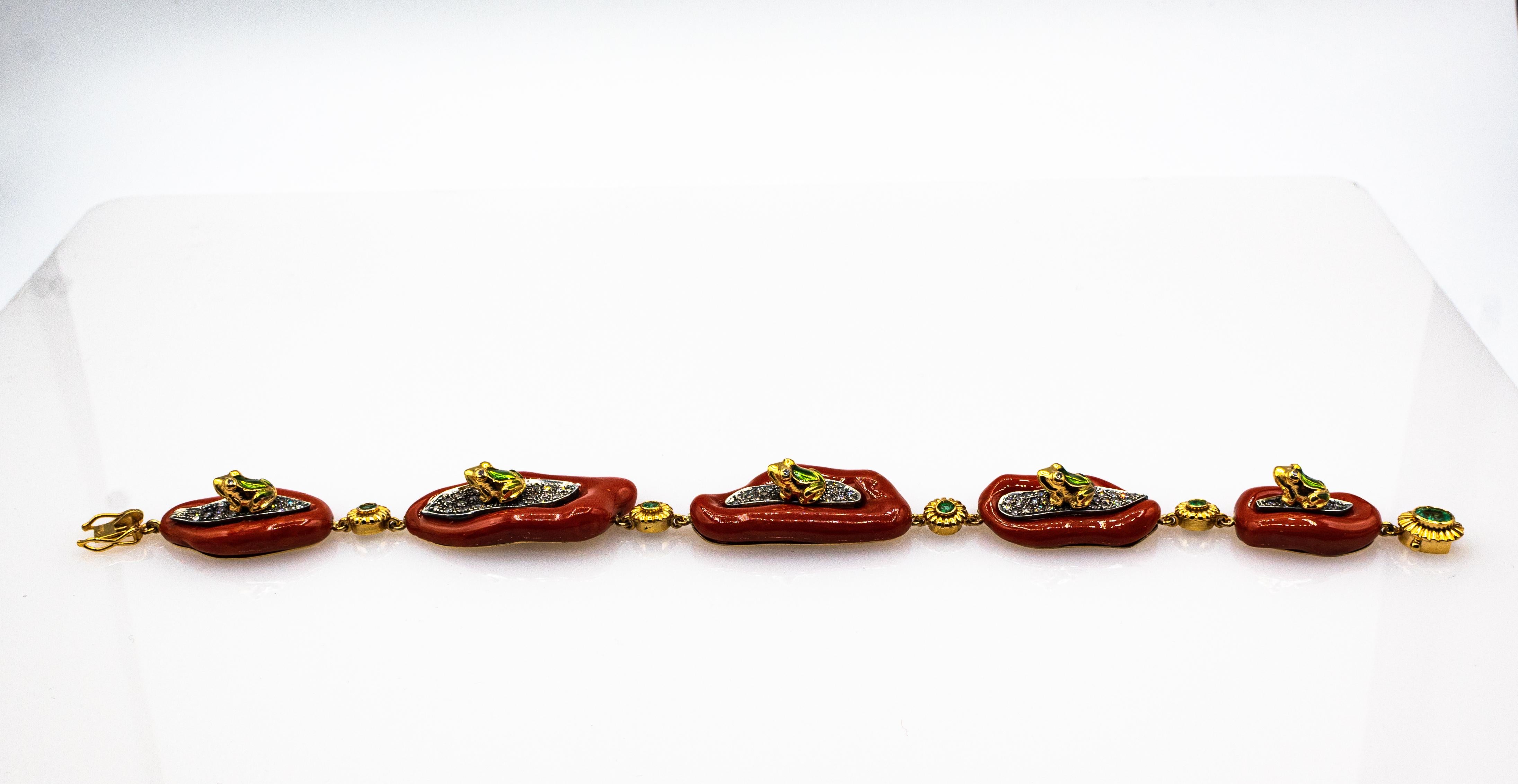 Mediterranean Red Coral White Diamond Emerald Enamel Yellow Gold Frogs Bracelet In New Condition For Sale In Naples, IT