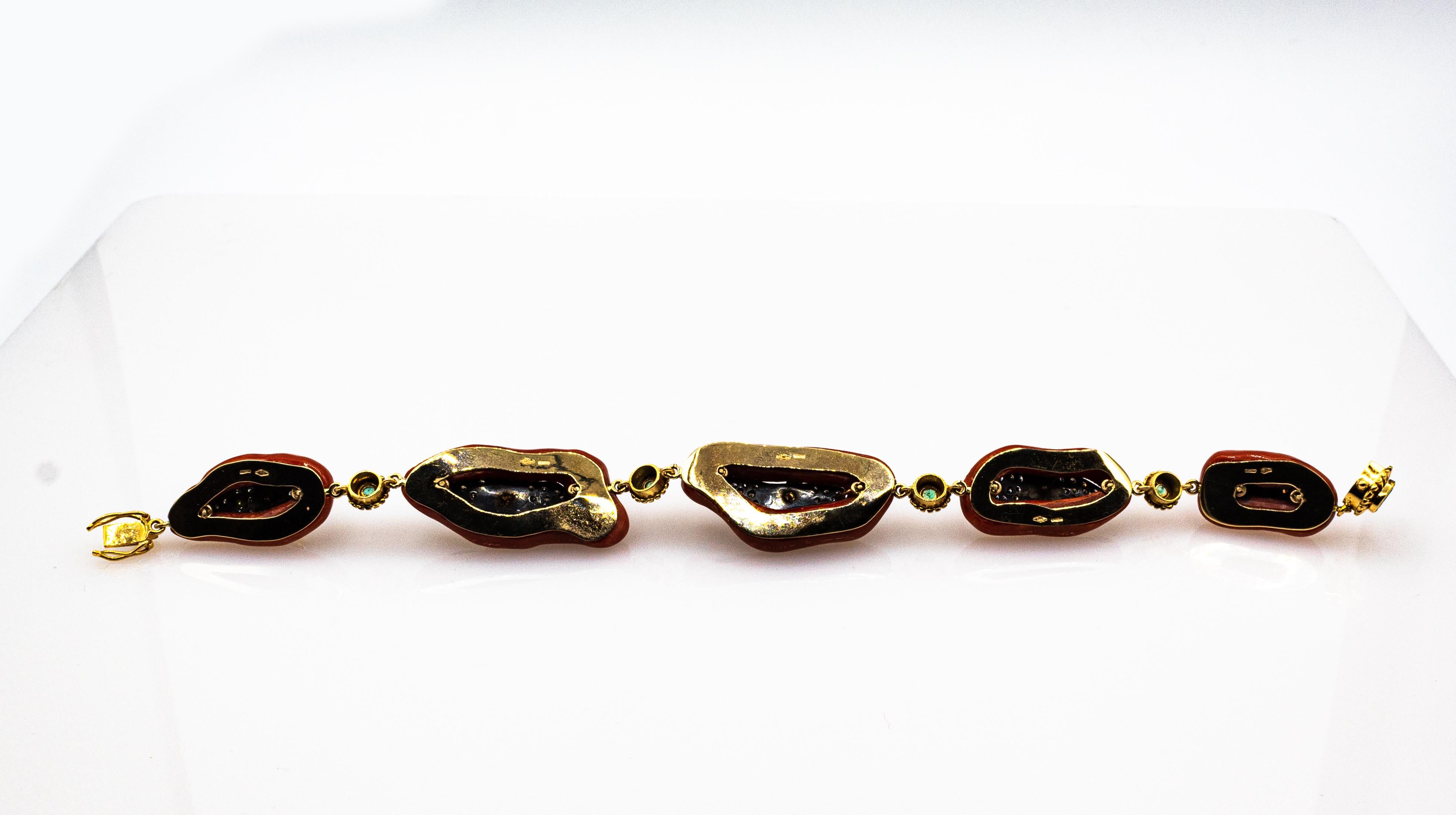 Bracelet grenouilles méditerranéennes en corail rouge, diamant blanc, émeraude, émail et or jaune en vente 1