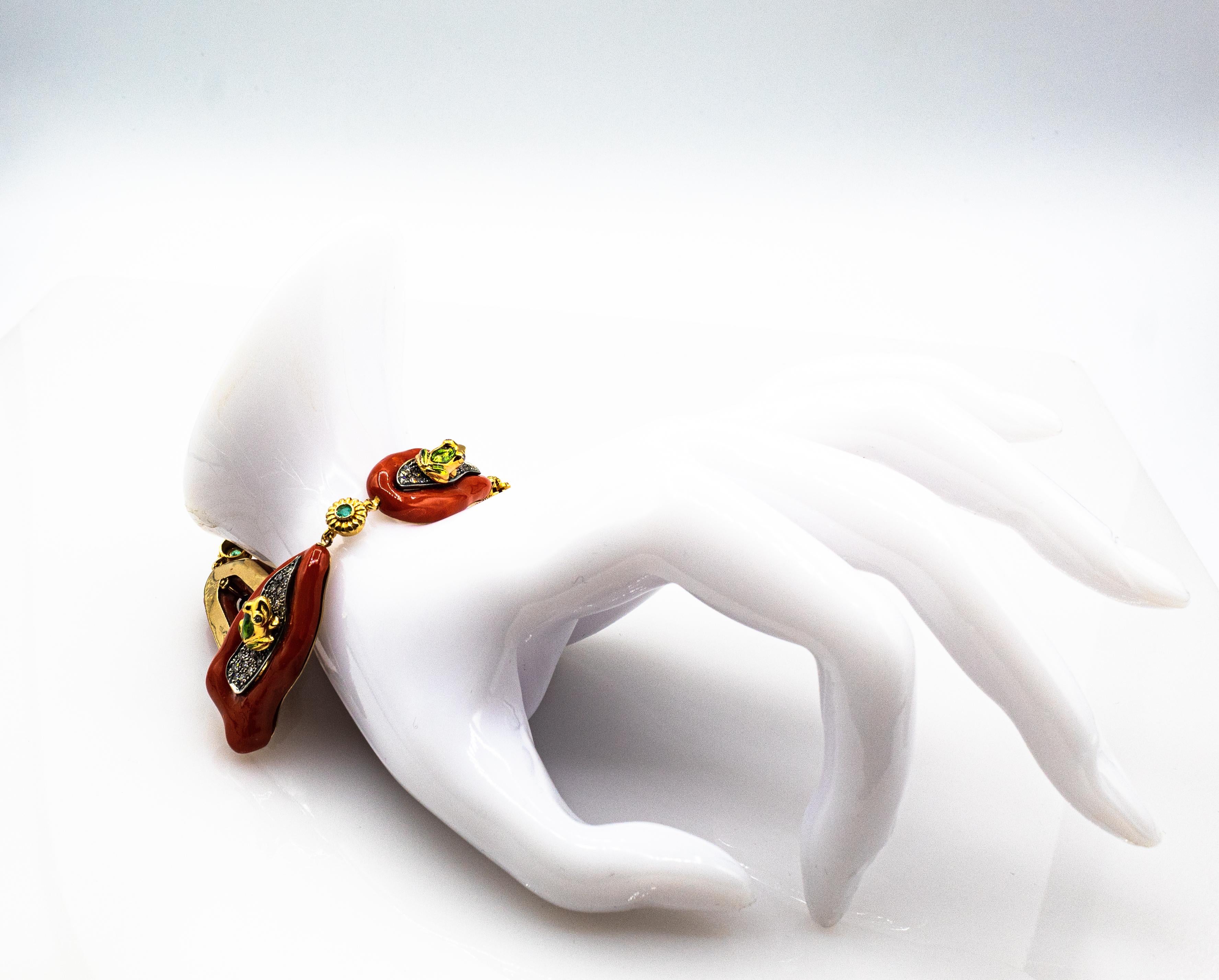 Mediterranean Red Coral White Diamond Emerald Enamel Yellow Gold Frogs Bracelet For Sale 2