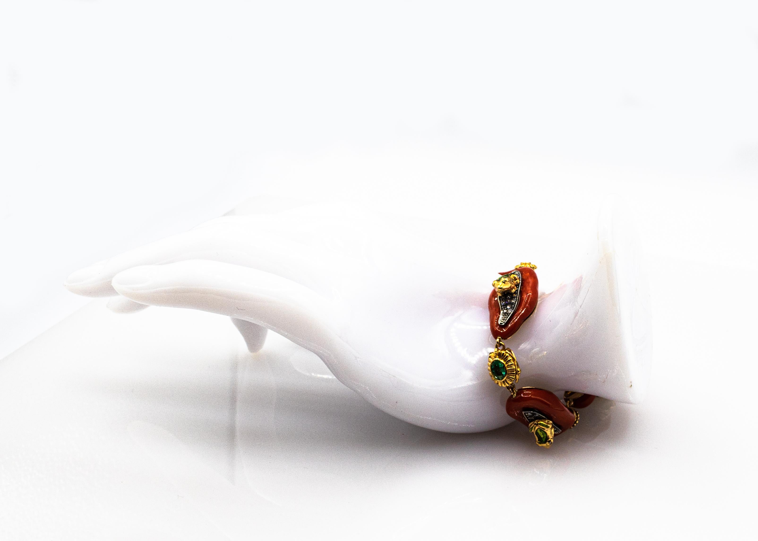 Bracelet grenouilles méditerranéennes en corail rouge, diamant blanc, émeraude, émail et or jaune en vente 3