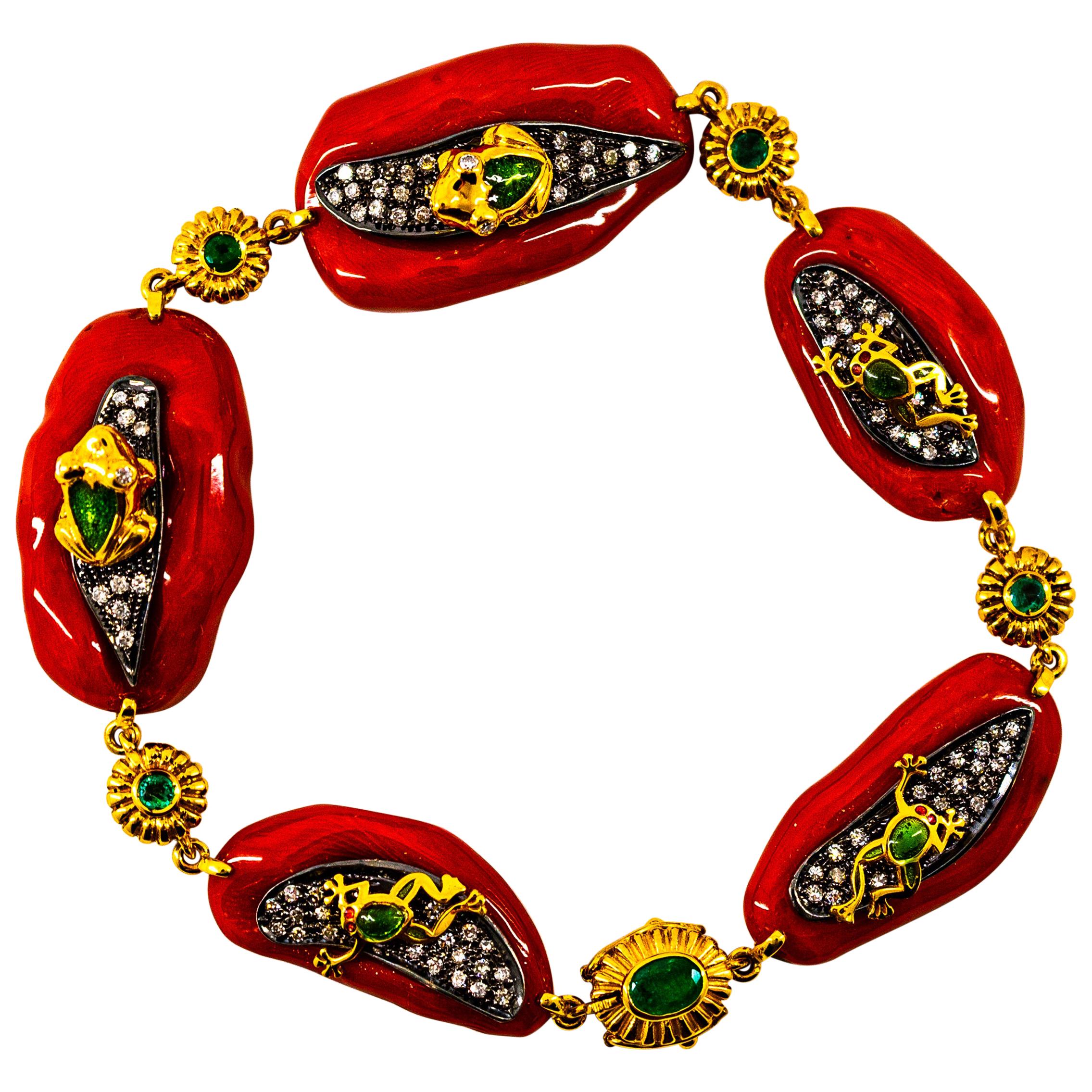 Mediterranean Red Coral White Diamond Emerald Enamel Yellow Gold Frogs Bracelet