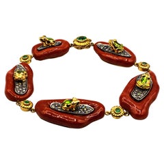 Pulsera Ranas Mediterráneo Coral Rojo Diamante Blanco Esmeralda Esmalte Oro Amarillo