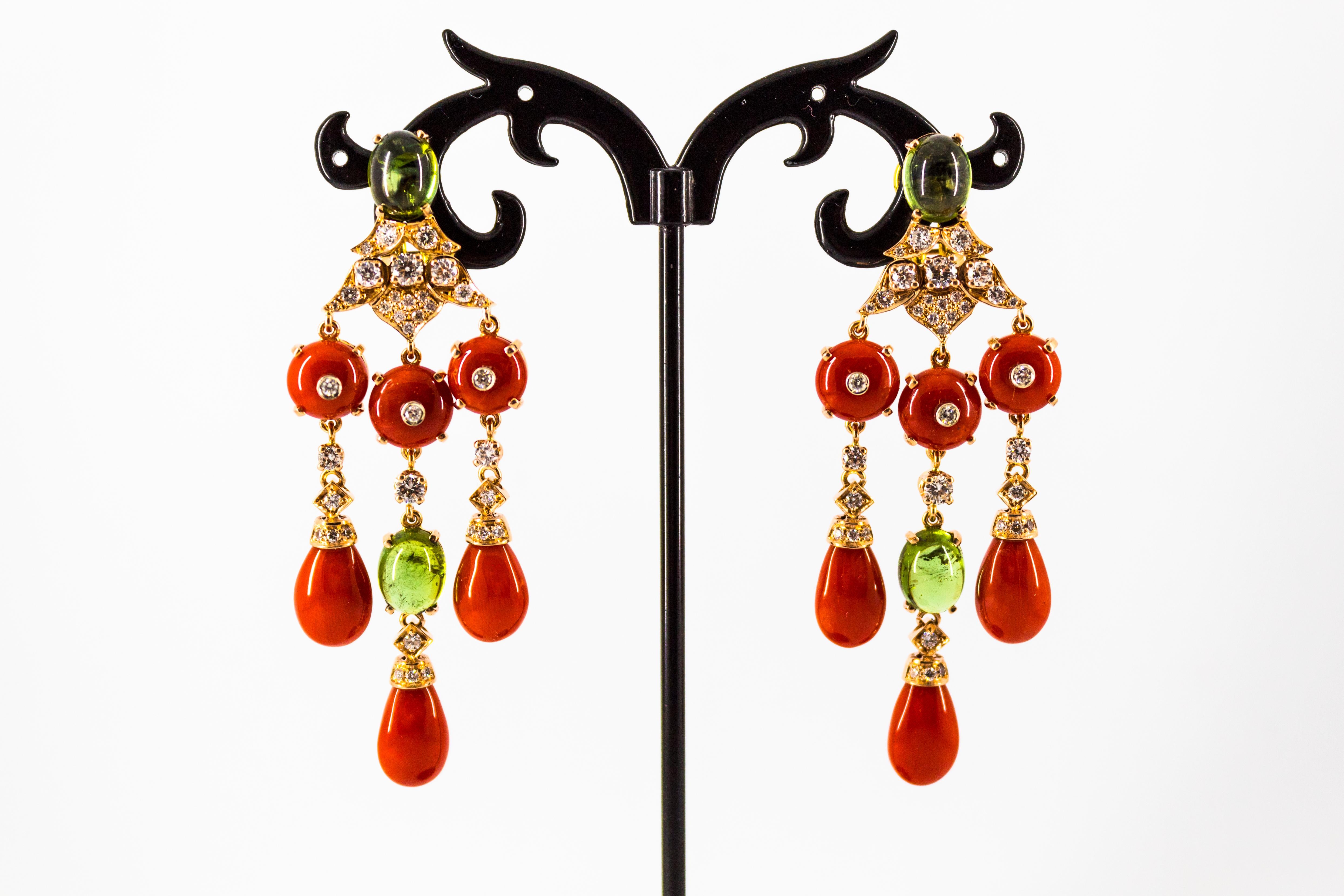 Mediterranean Red Coral White Diamond Green Tourmaline Yellow Gold Drop Earrings For Sale 4