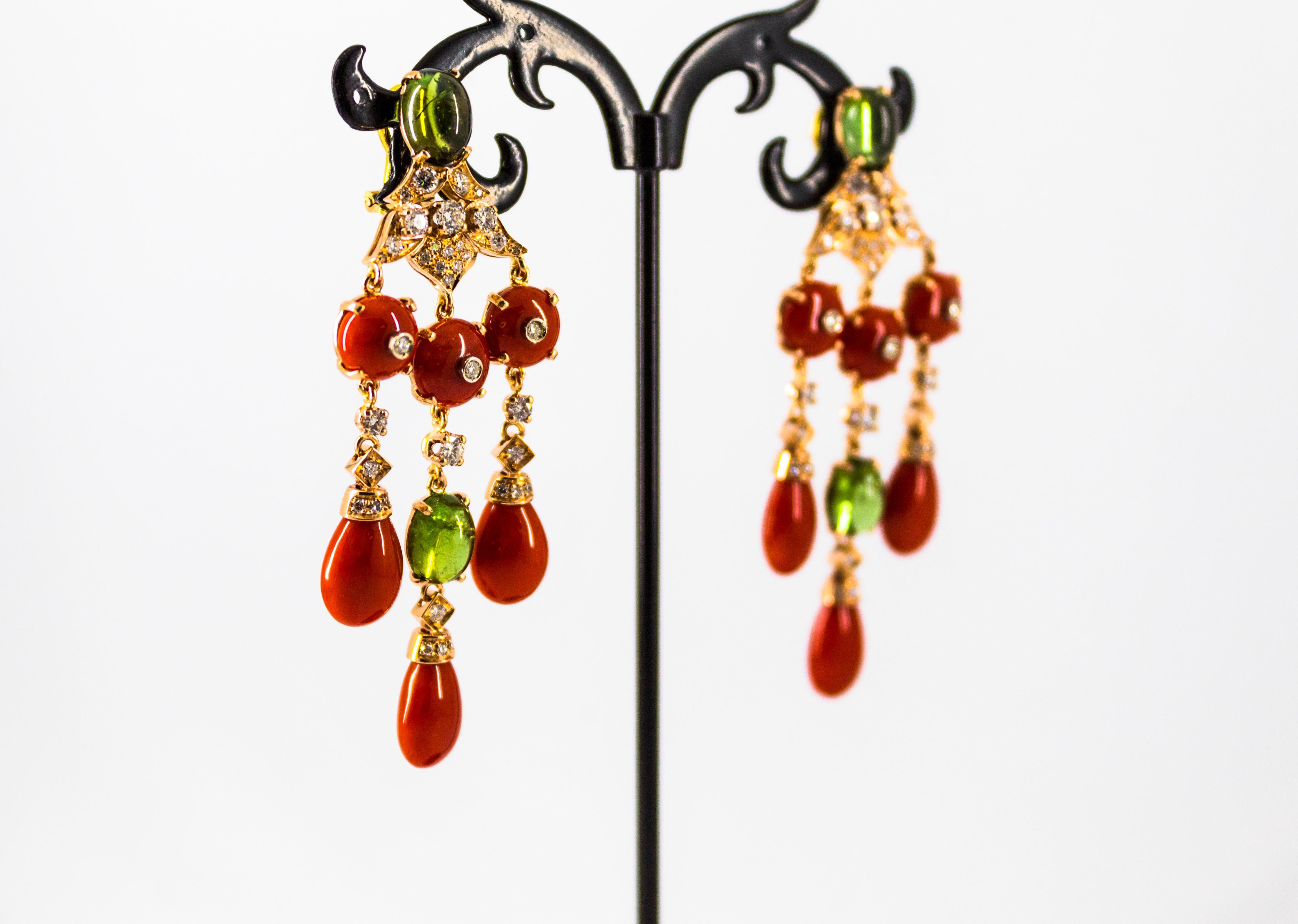 Mediterranean Red Coral White Diamond Green Tourmaline Yellow Gold Drop Earrings For Sale 5
