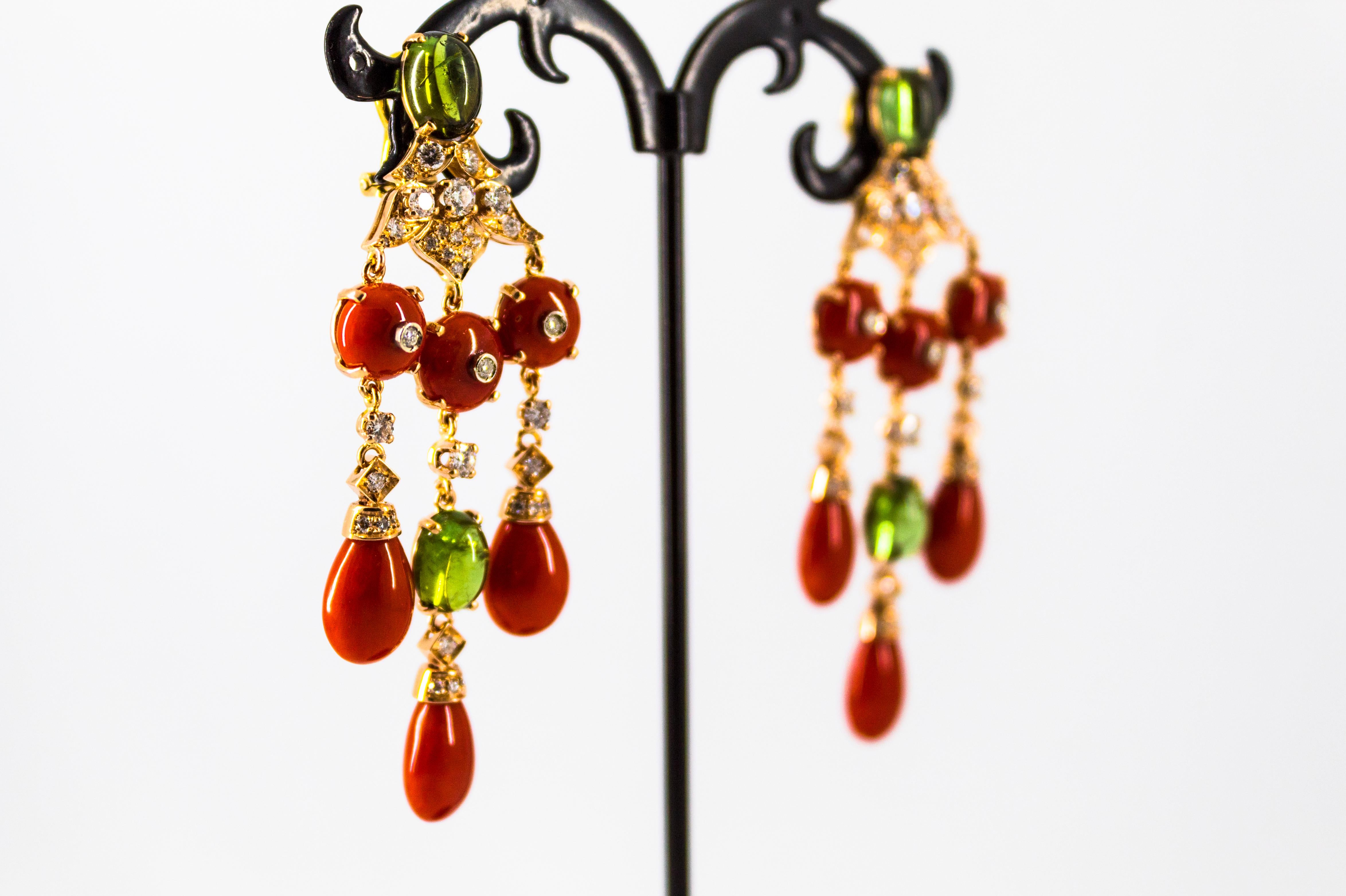 Mediterranean Red Coral White Diamond Green Tourmaline Yellow Gold Drop Earrings For Sale 6